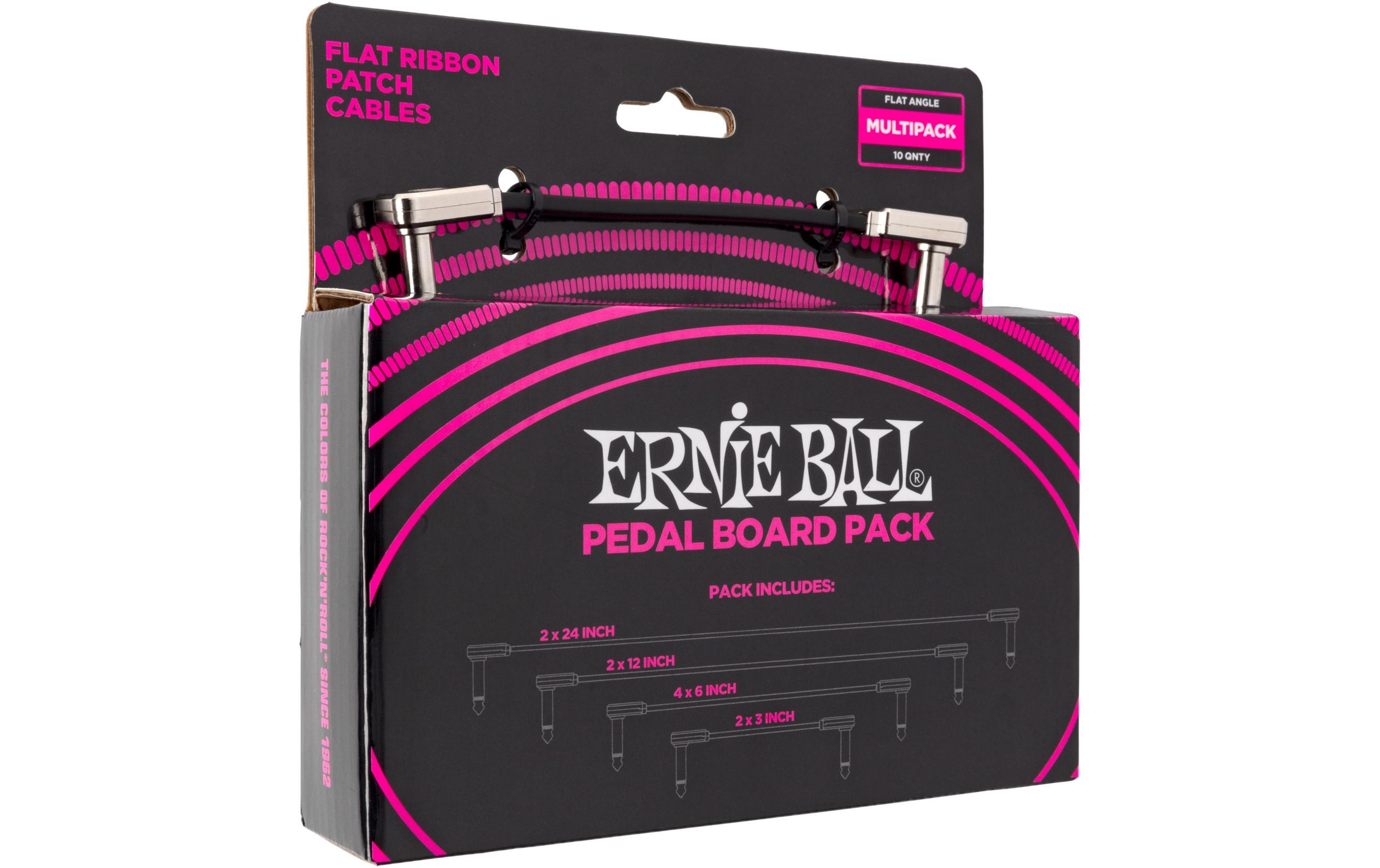 Confezione per cavi patch piatti Ernie Ball Pedal Board Pack neri e rosa.