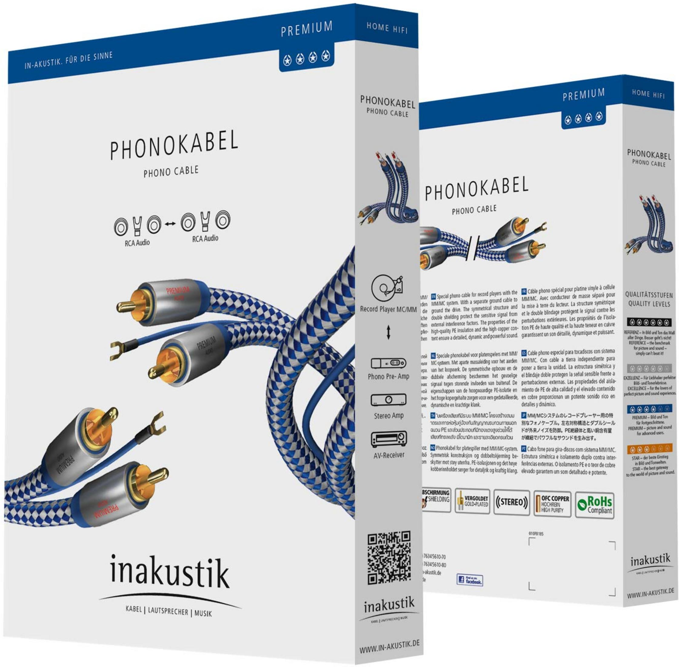 Inakustik Premium Phono Cable with RCA connectors, detailed product description.