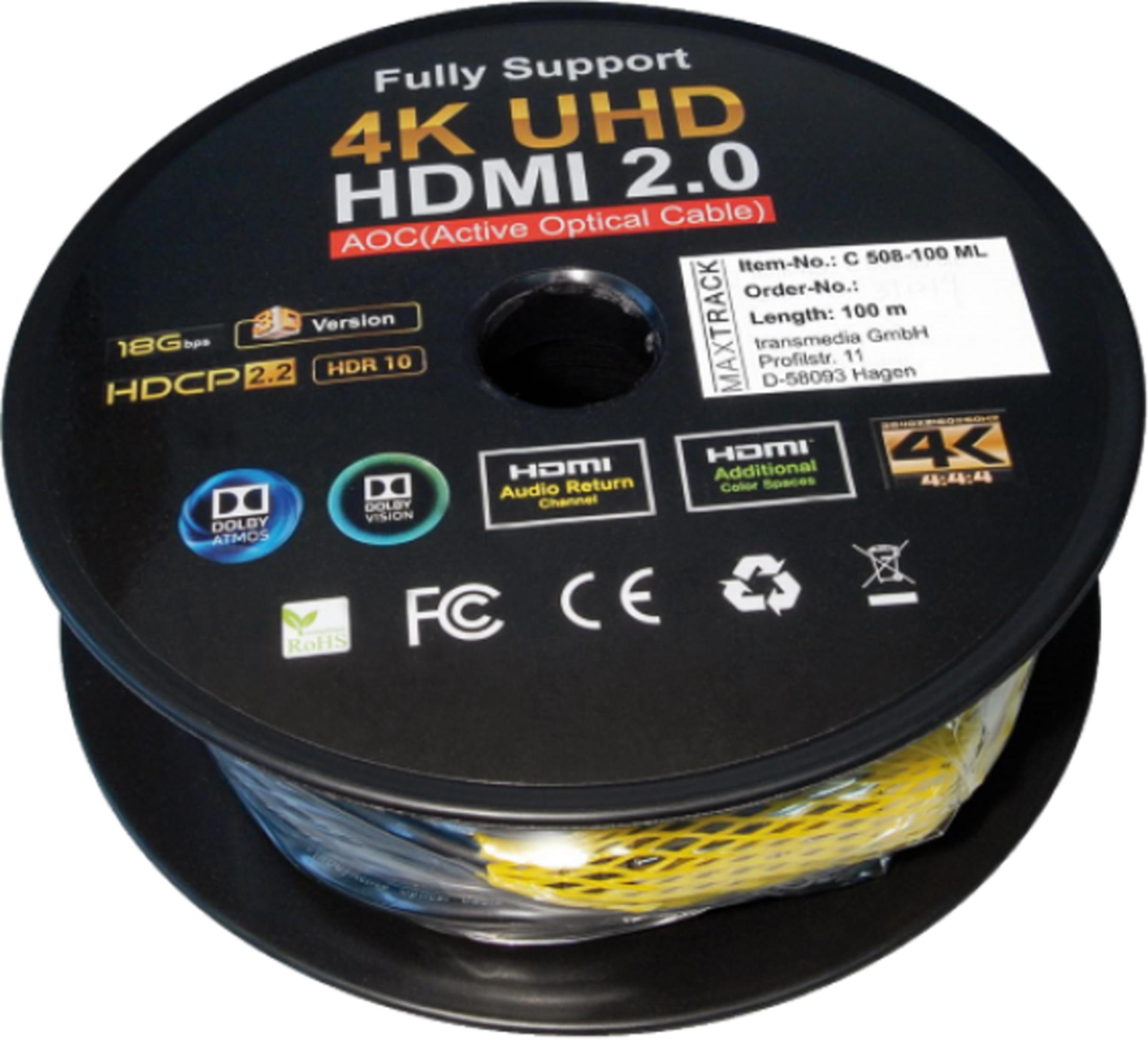 Eine schwarze Spule mit einem 100m HDMI 2.0 AOC-Kabel, unterstützt 4K UHD, HDR10, Dolby Vision/Atmos.