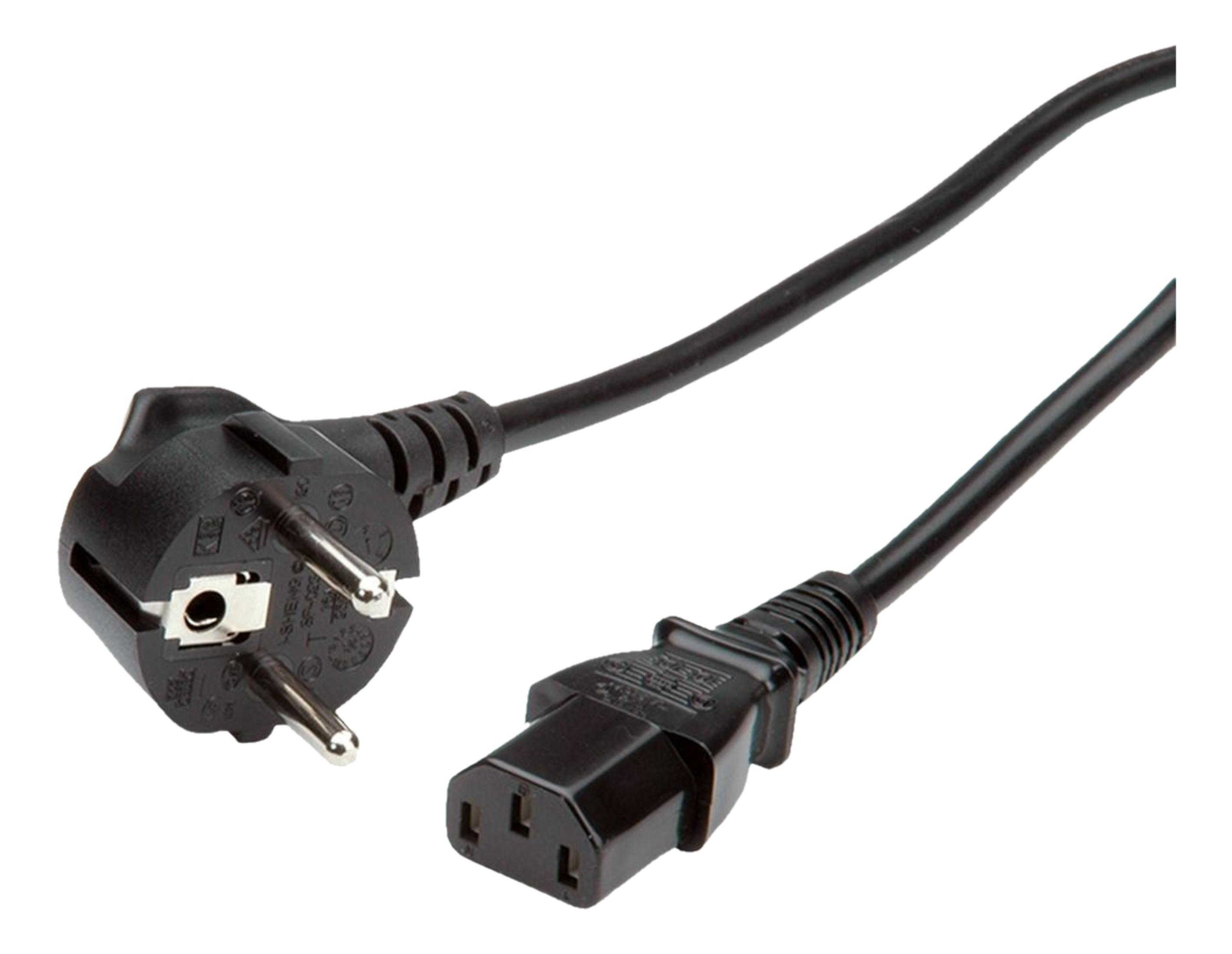 Zwarte stroomkabel met een mannelijke stekker en een vrouwelijke connector.