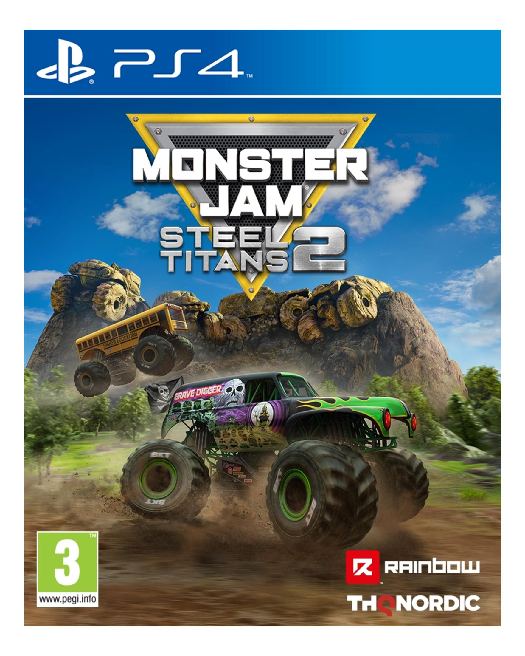Monster Jam Steel Titans 2 Cover: Zwei Monster Trucks auf staubiger Strecke. PS4.