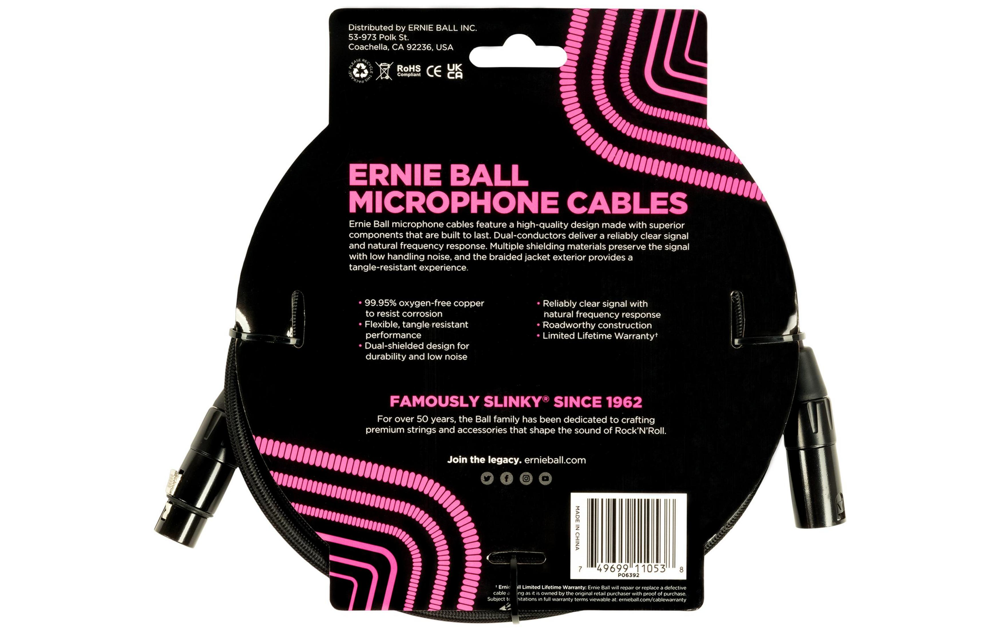 Confezione cavo microfono Ernie Ball con connettore XLR e design rosa/nero.