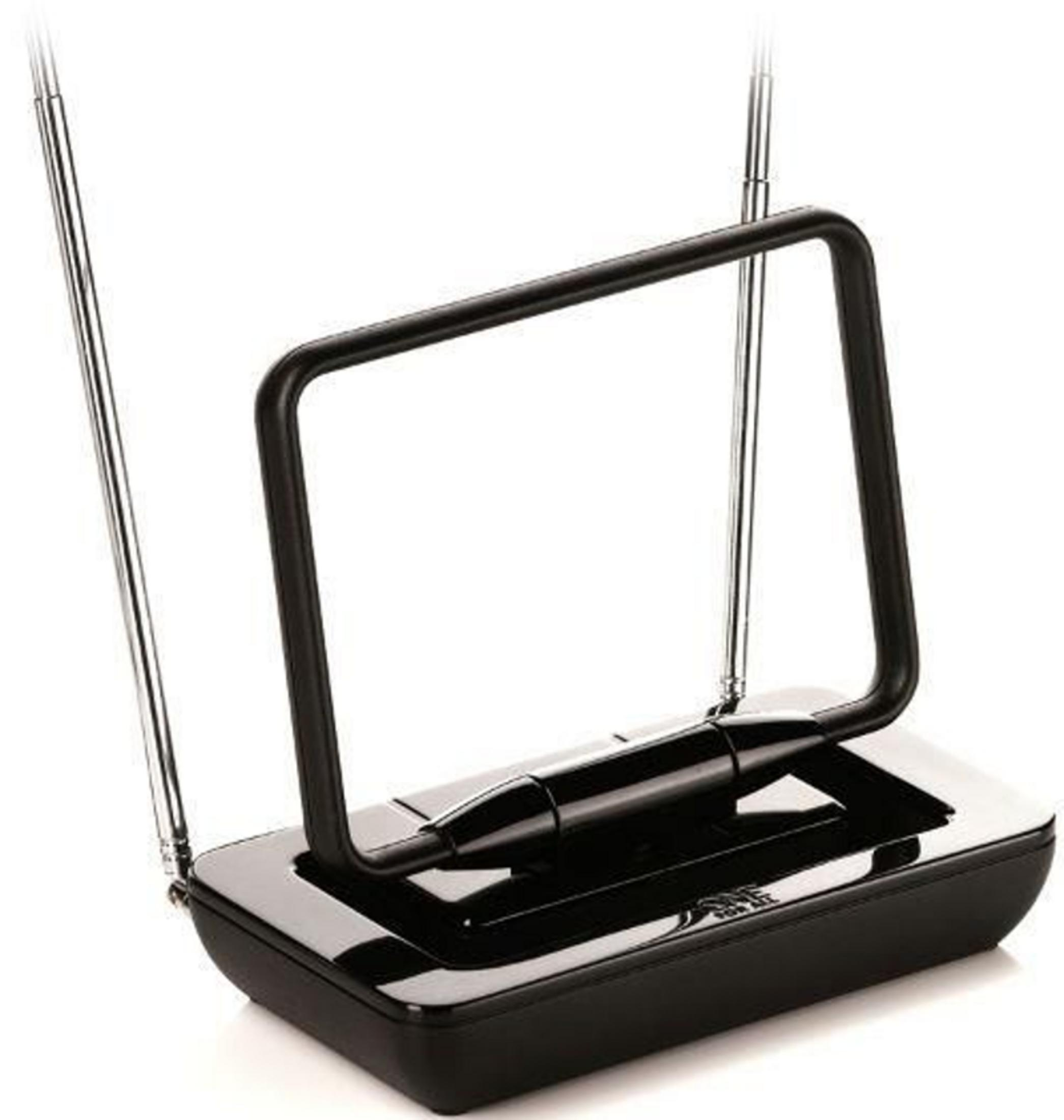 Amplificateur d'antenne noir avec deux antennes télescopiques et une boucle rectangulaire.