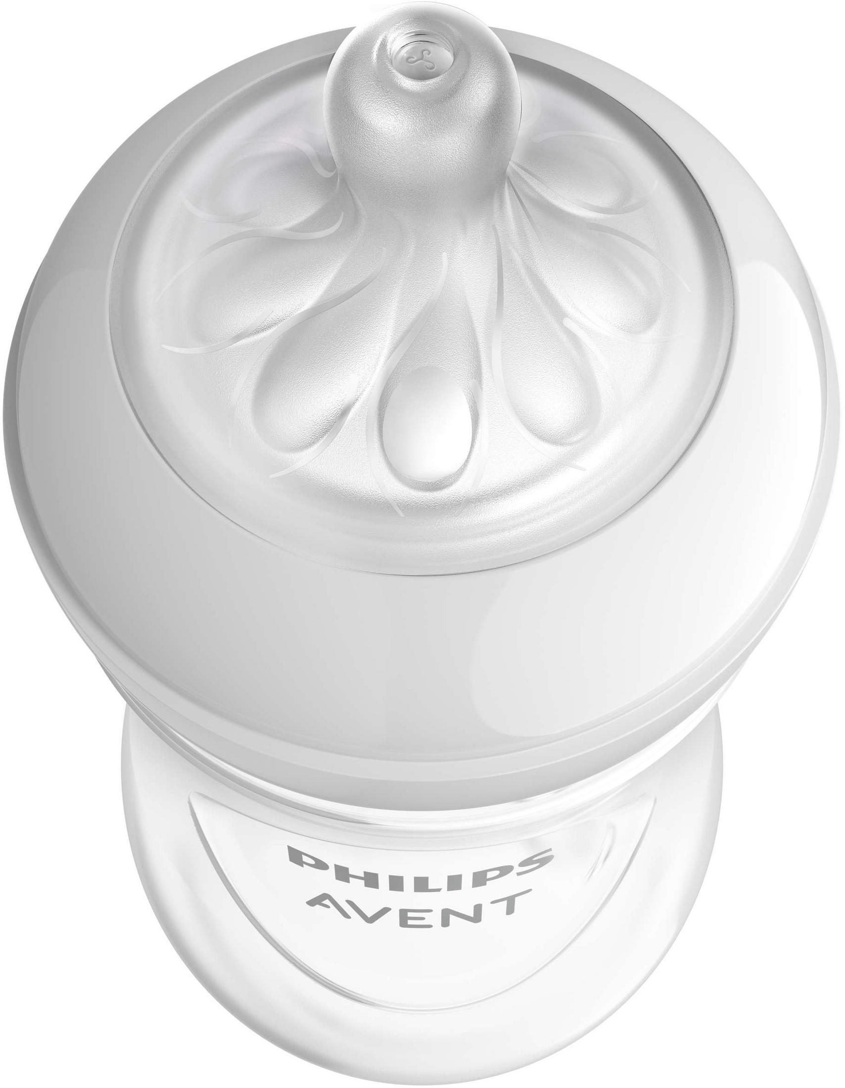 Weißer Philips Avent Babyflaschensauger mit Blütenblattdesign und klarer Kappe.