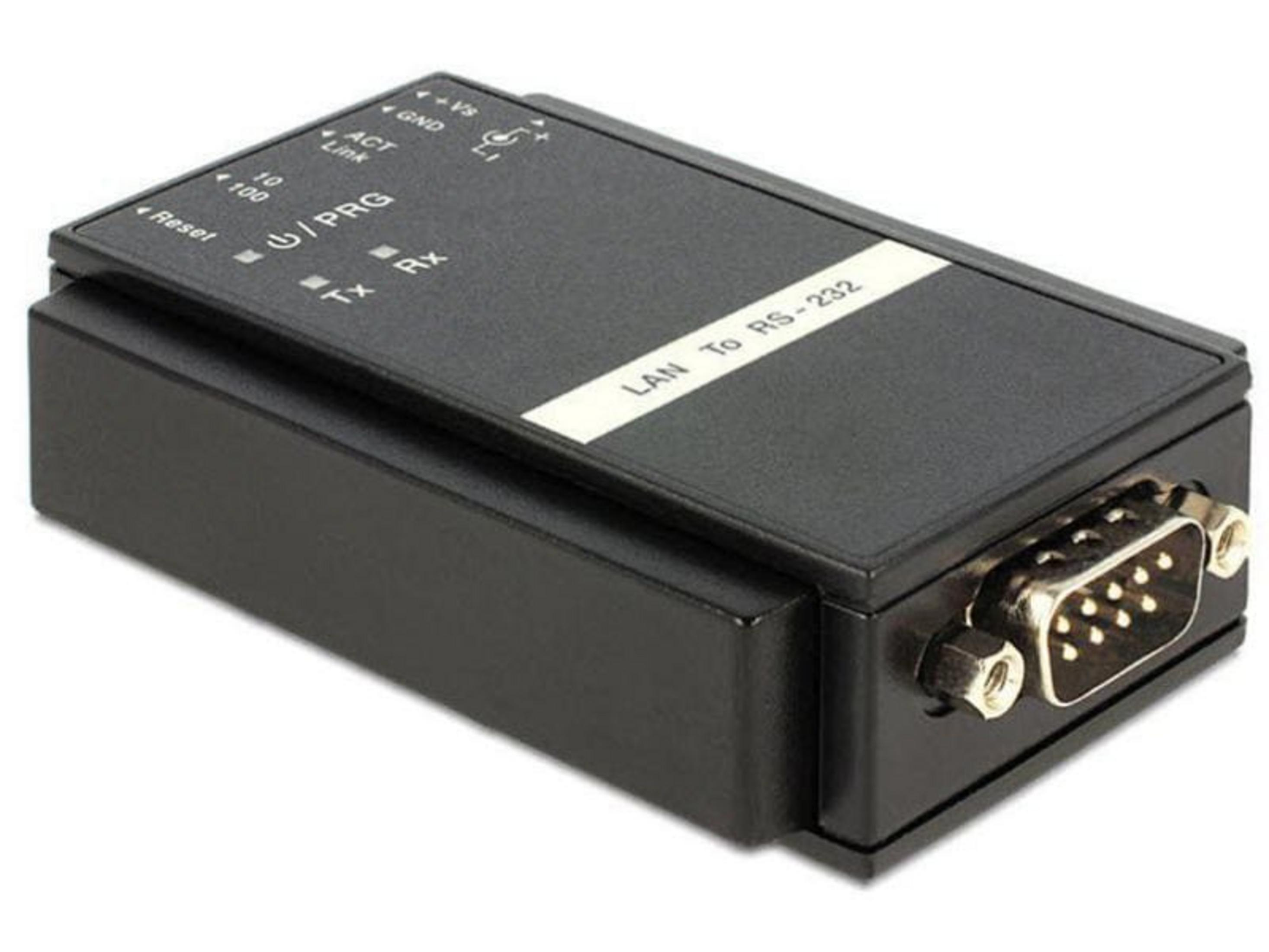 Convertitore LAN a RS-232 nero con porte e LED.