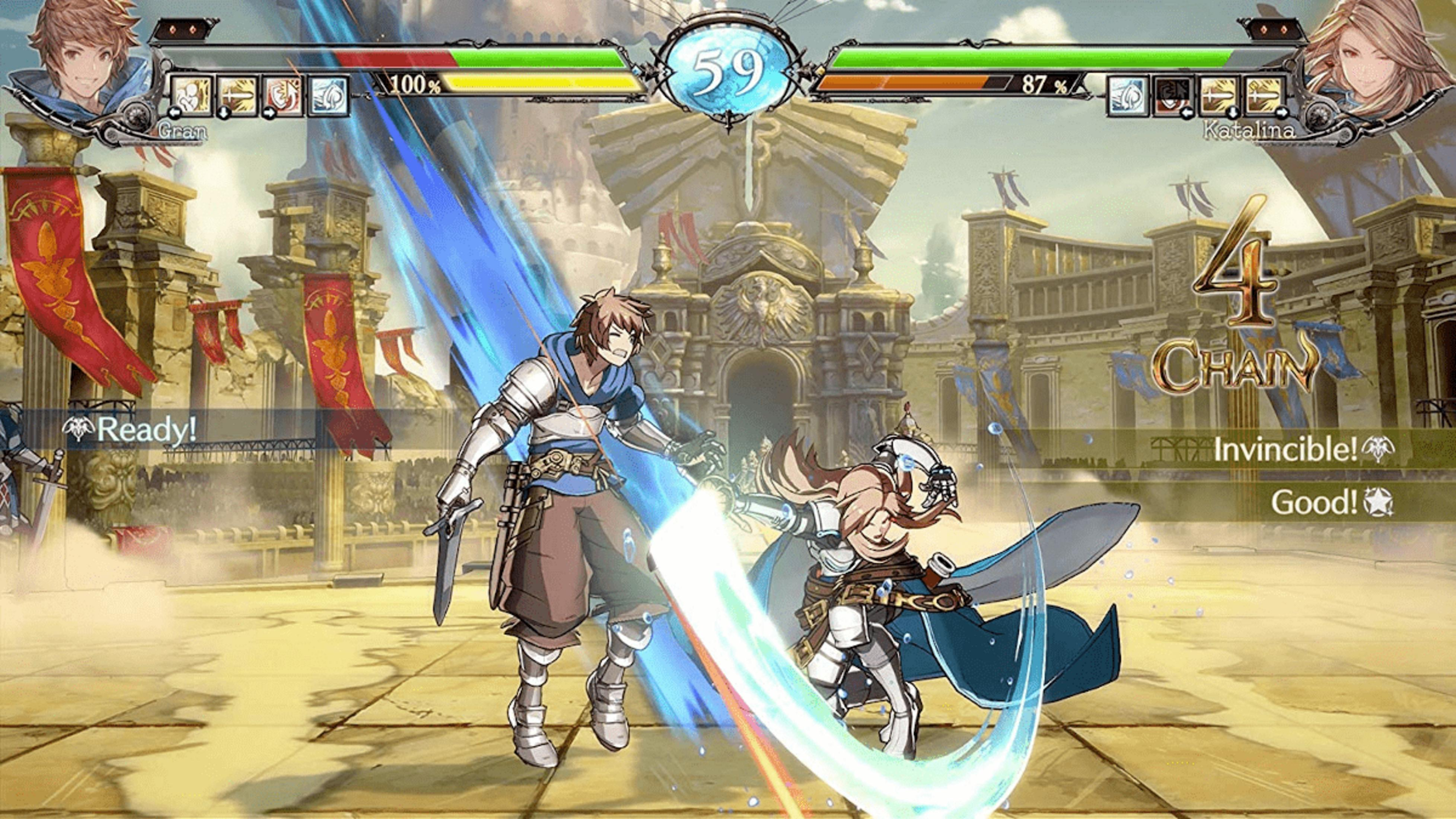 Gran kämpft gegen Katalina in einer Arena mit antiken Gebäuden und Bannern.