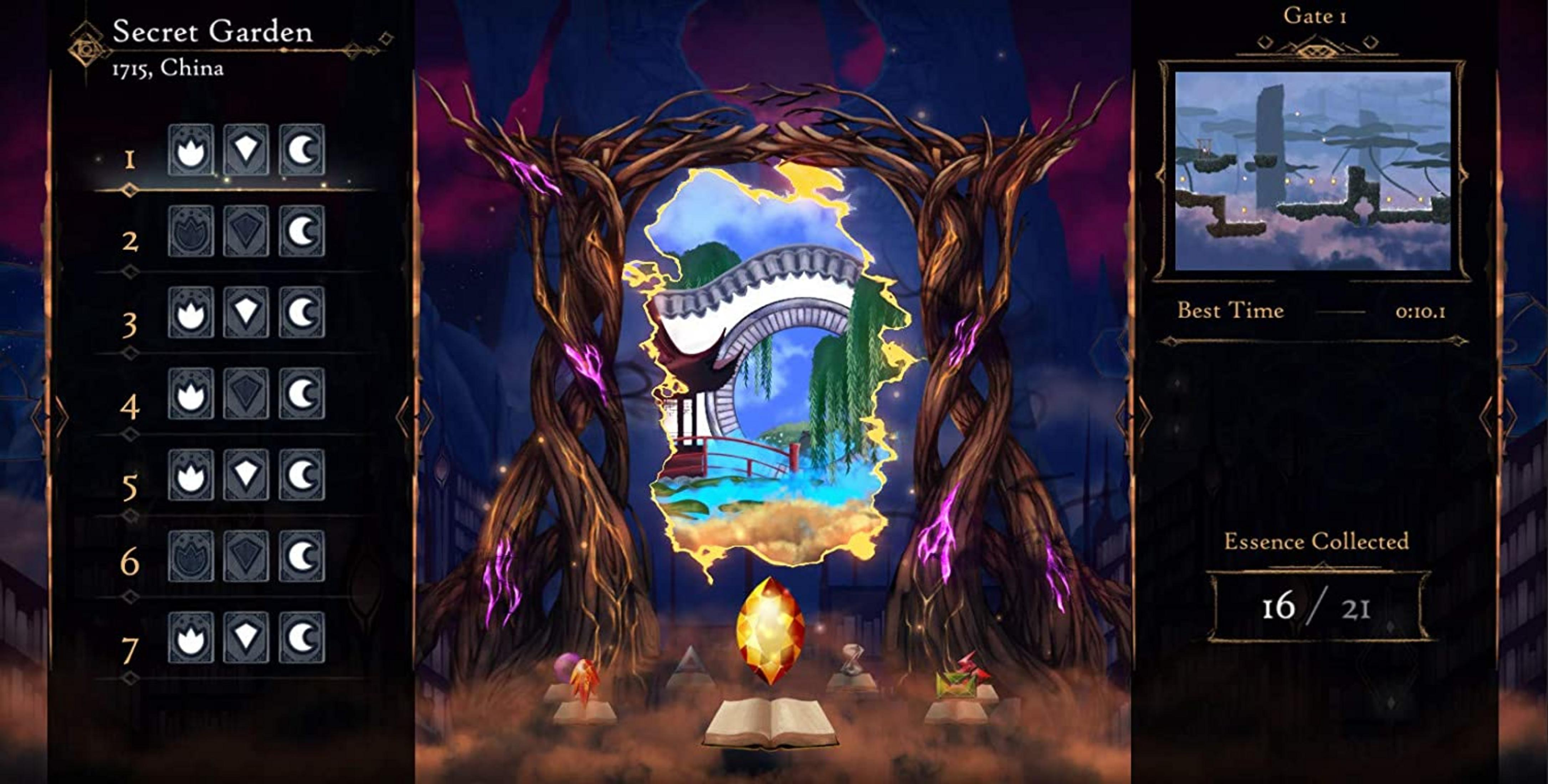 Spielbildschirm mit chinesischem Garten, Rangliste und Spielstatistiken.