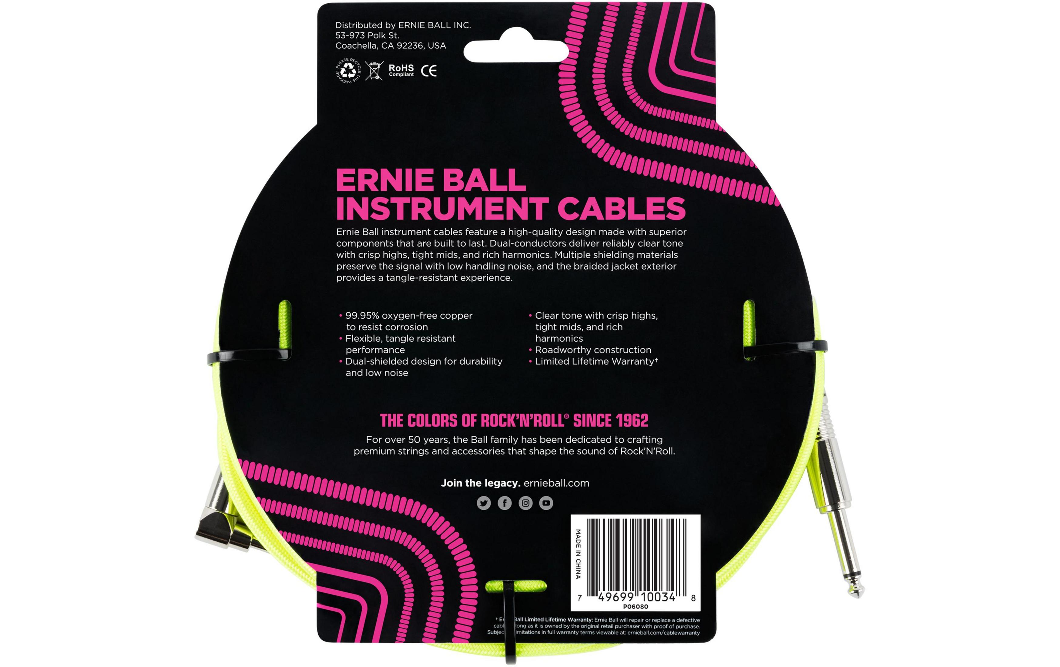 Ernie Ball Instrumentenkabel-Verpackung mit Neon-Gelb und Pink-Design. Enthält Produktinfos.