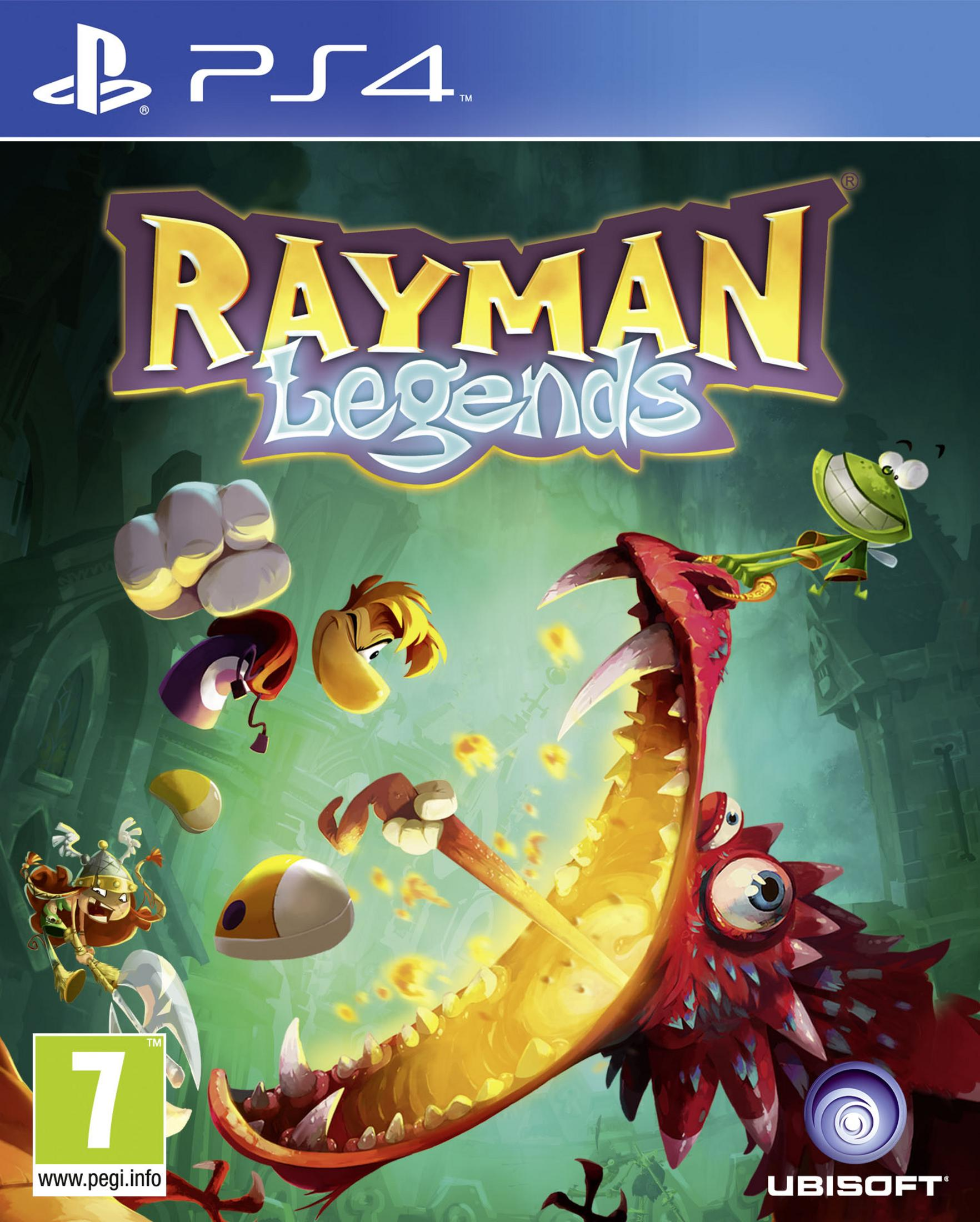 Rayman Legends Cover: Ein roter Drache schnappt nach einem grünen Frosch. PS4-Logo.