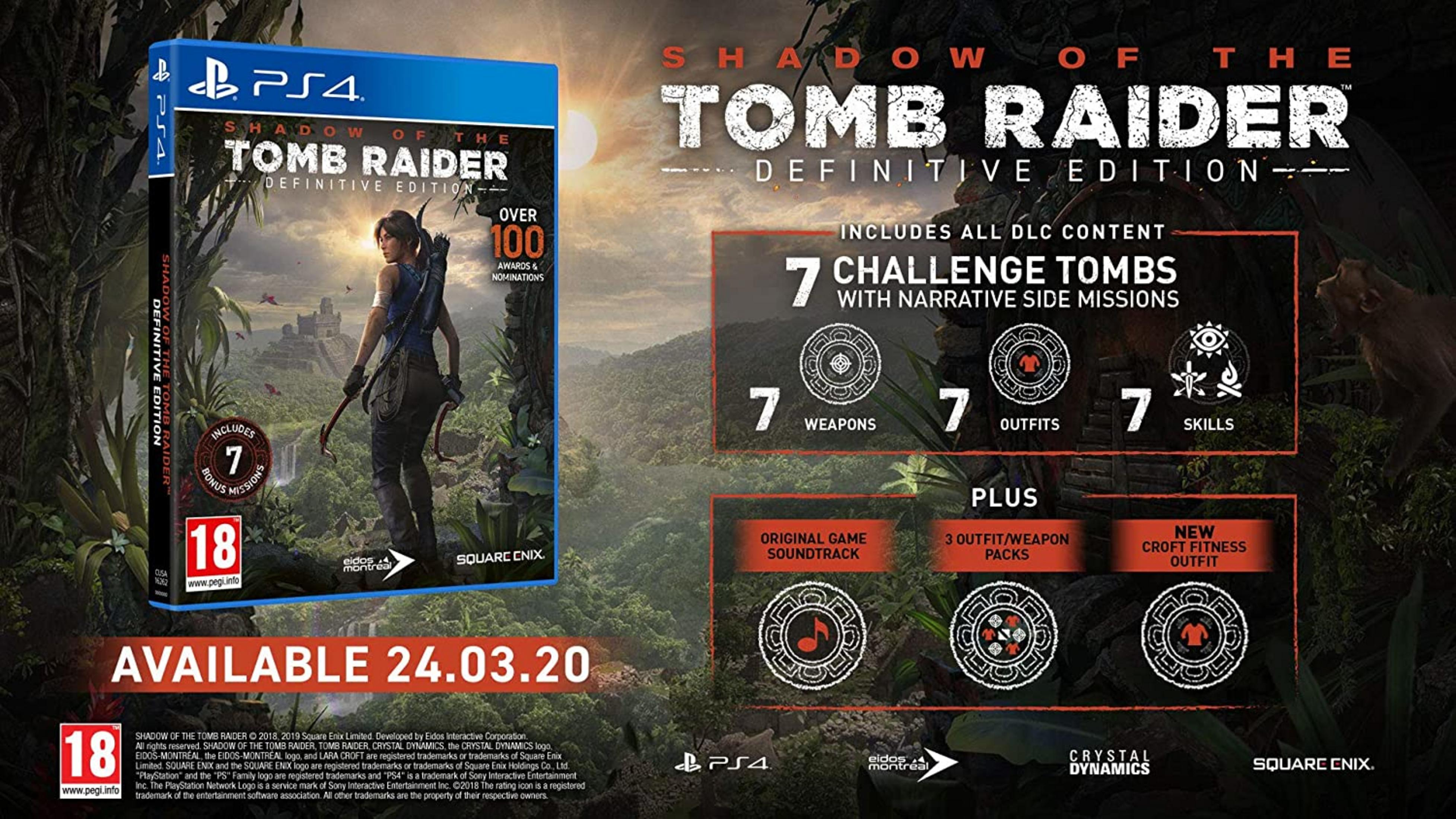 La copertina di Shadow of the Tomb Raider: Definitive Edition per PS4, con Lara Croft.