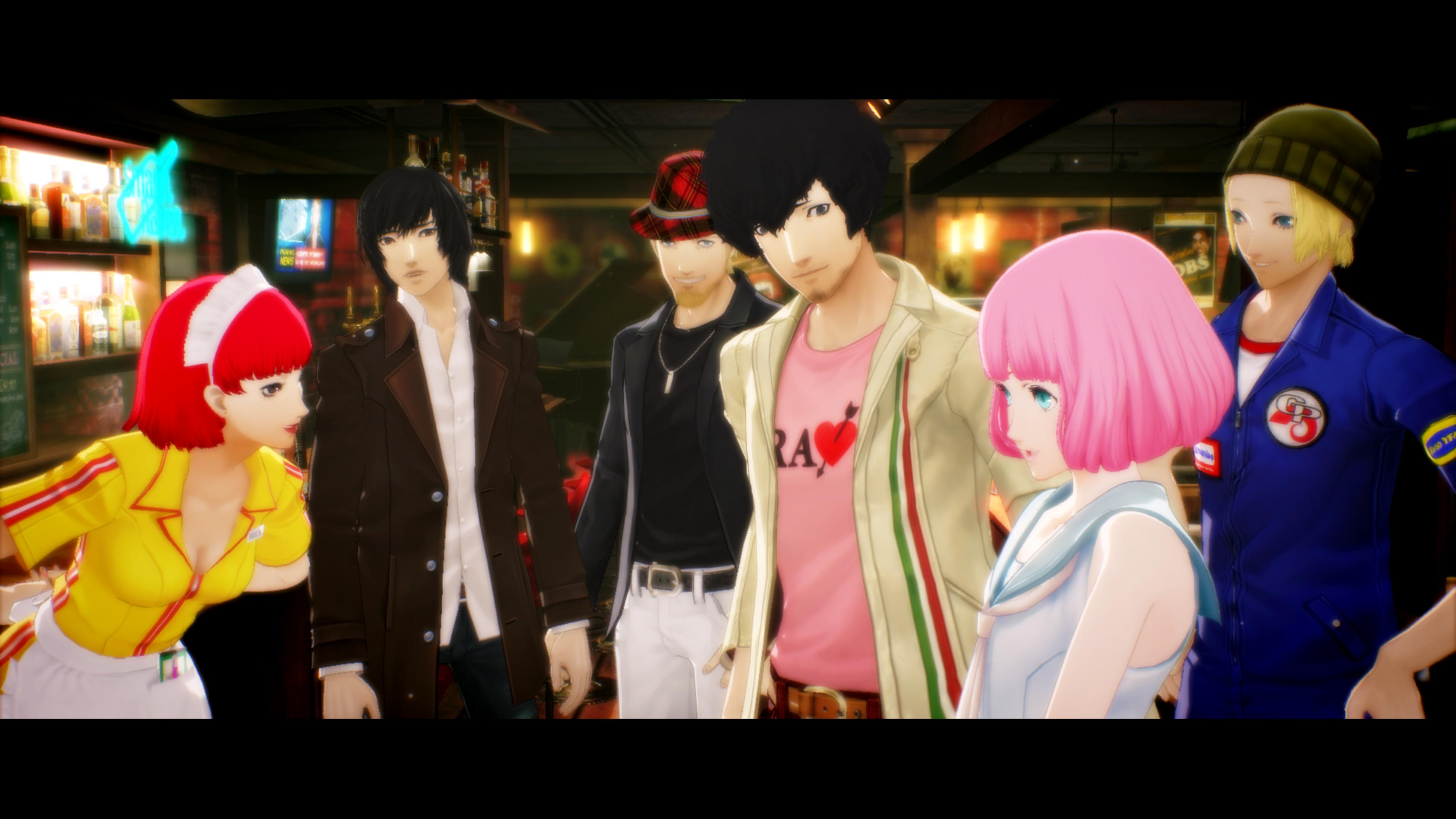 Six personnages d'anime se tiennent dans une pièce avec des étagères pleines de bouteilles et de lumières.