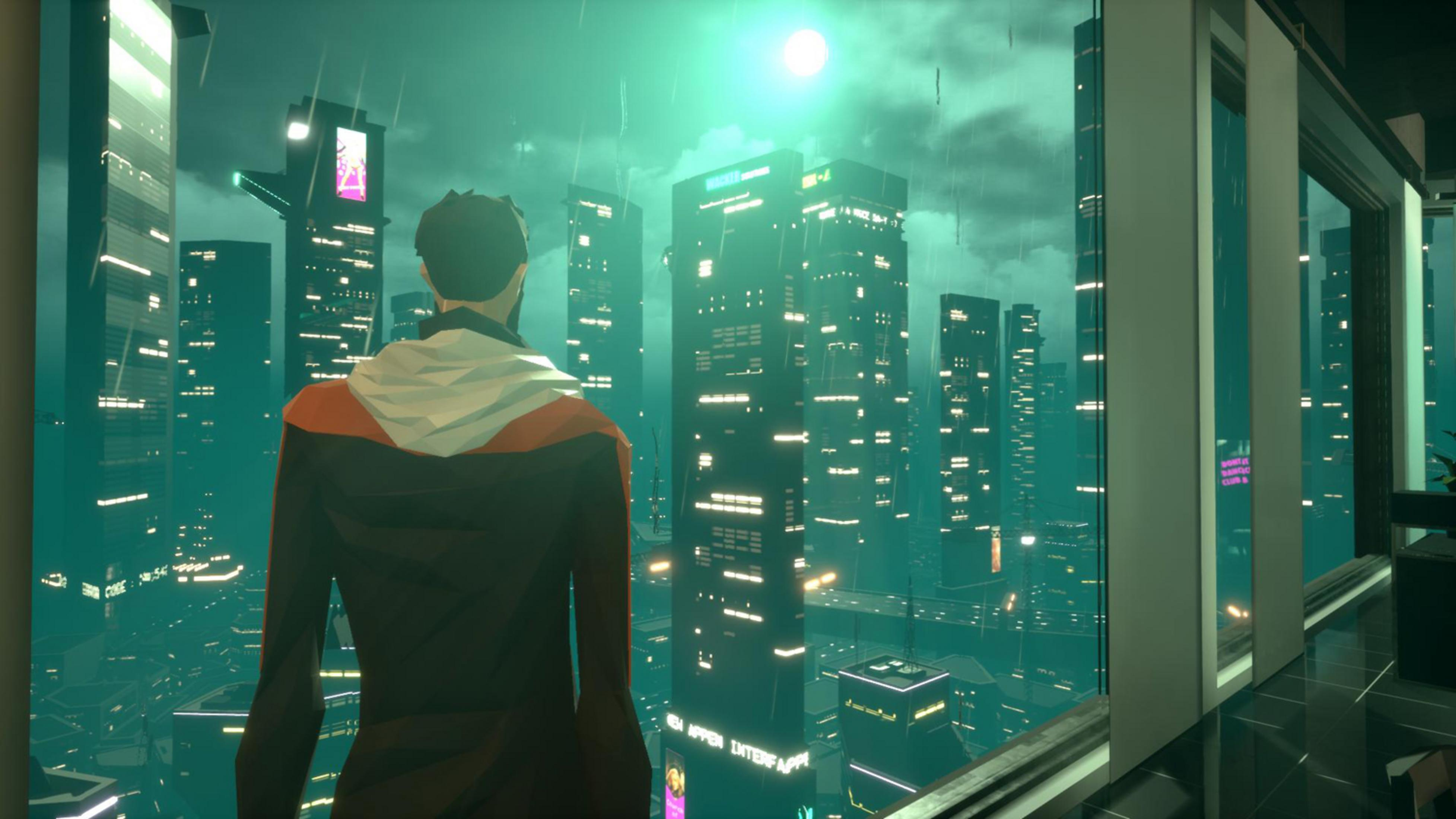Mann in roter Jacke blickt nachts im Regen auf eine Neon-Stadtsilhouette.