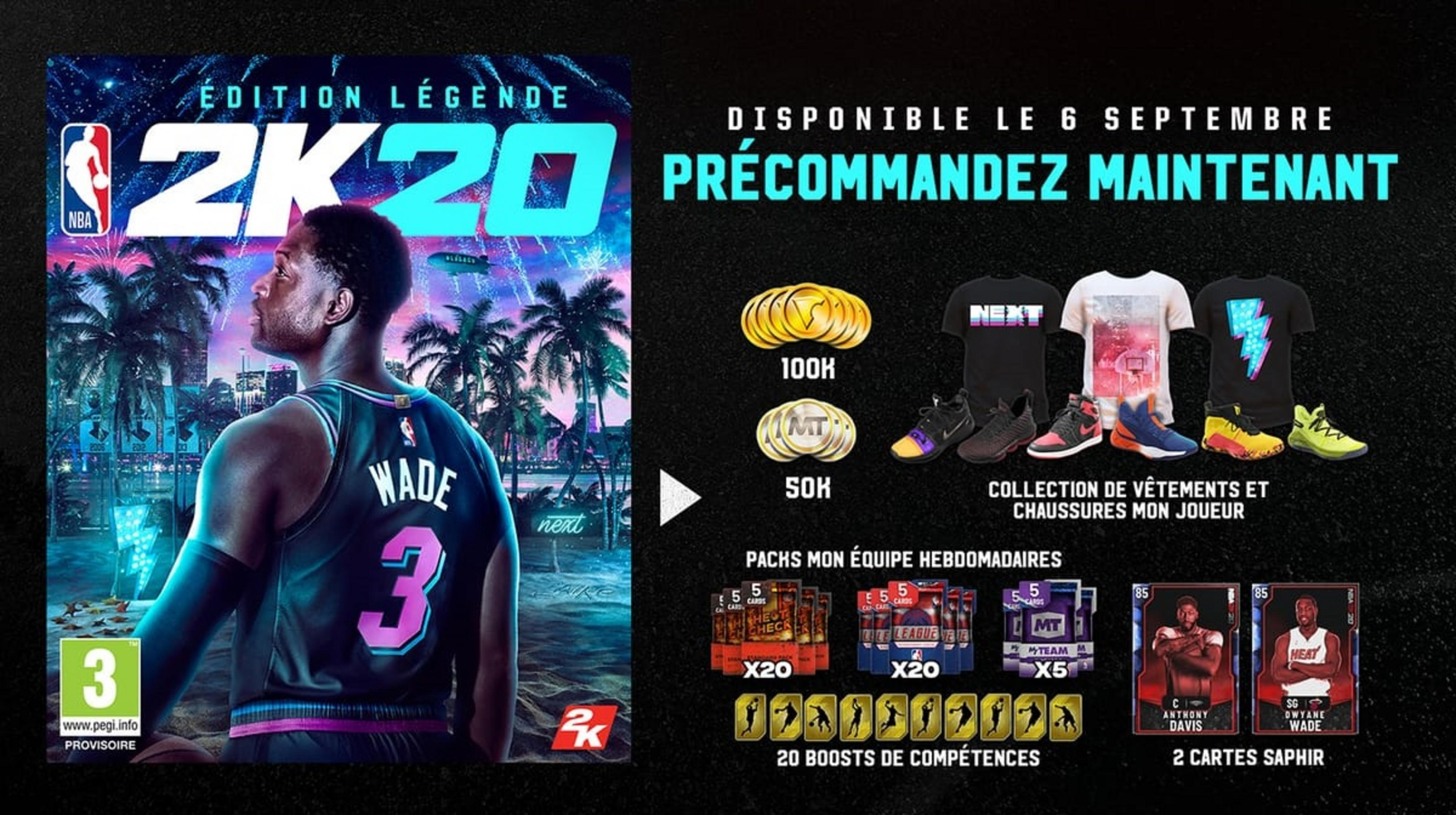Copertina NBA 2K20 Edizione Leggenda con Wade, bonus come 100K MT, vestiti, scarpe e carte.
