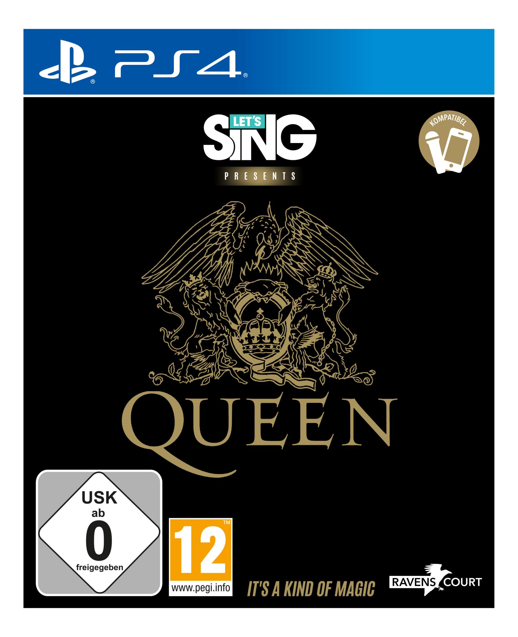 Copertina gioco PS4: Let's Sing Queen, USK 0, PEGI 12, con logo Queen.