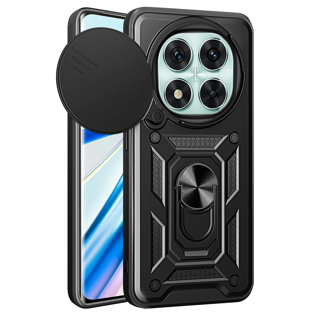 Dört kameralı ve halka tutuculu siyah telefon kılıfı.