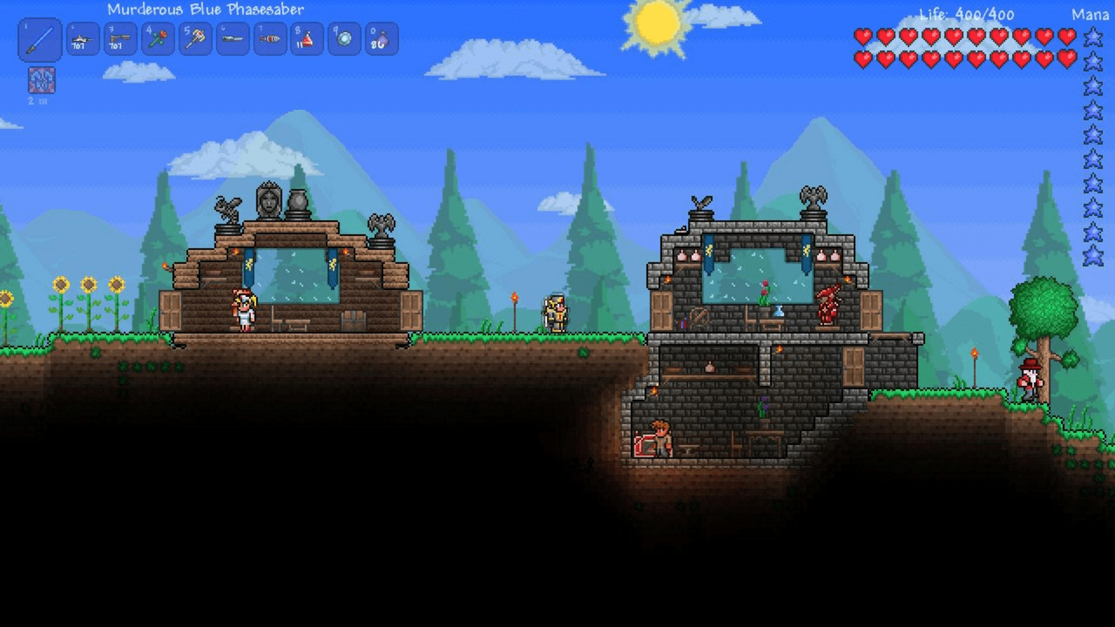 Pixel-Landschaft mit zwei Häusern, Figuren und Sonnenlicht.