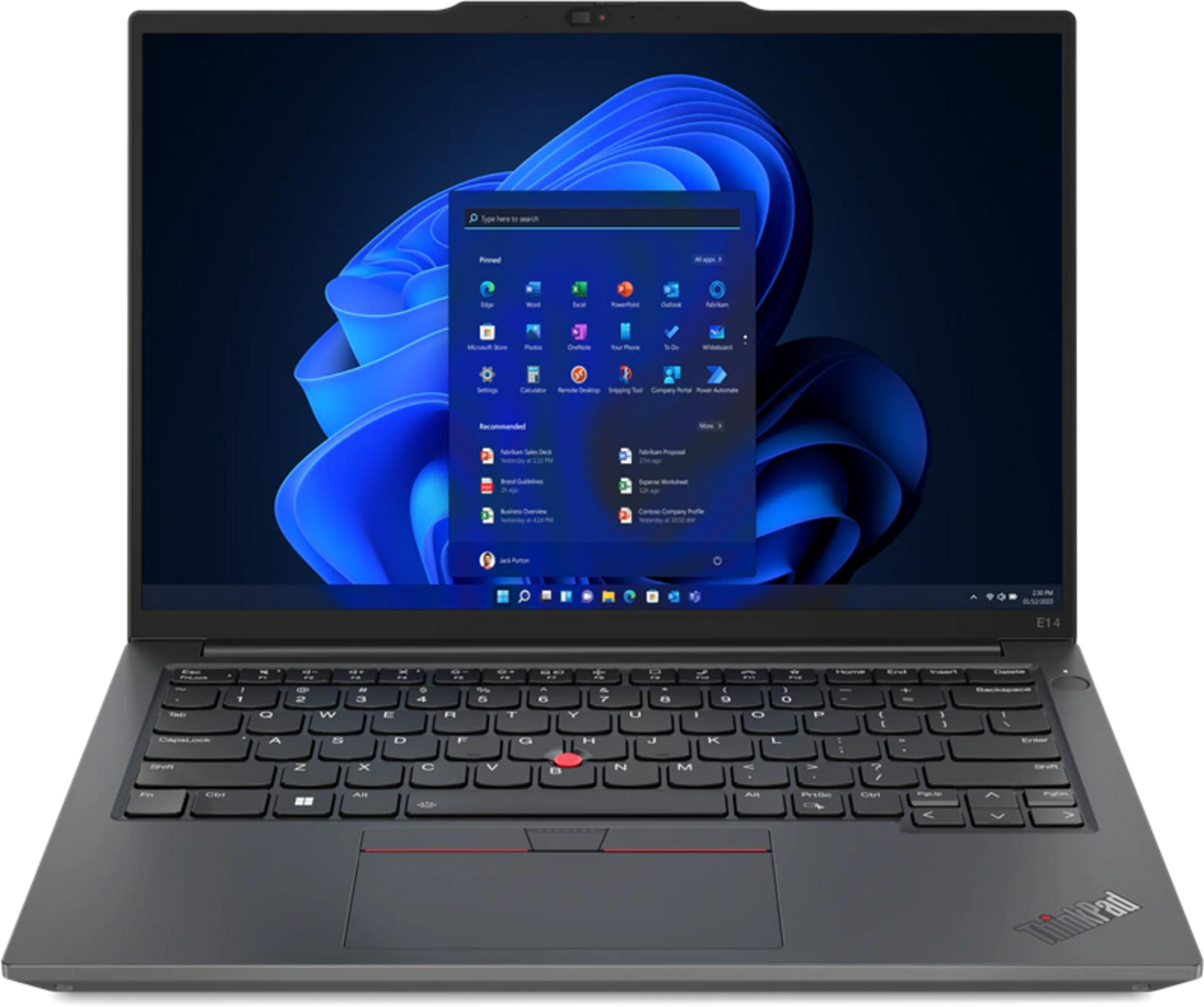 Ciemny laptop Lenovo ThinkPad z otwartym menu Start Windows 11.