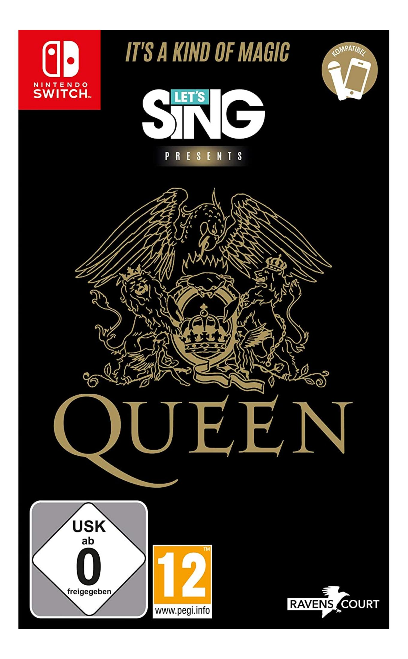 Copertina del gioco Let's Sing Queen con logo Nintendo Switch e stemma Queen.
