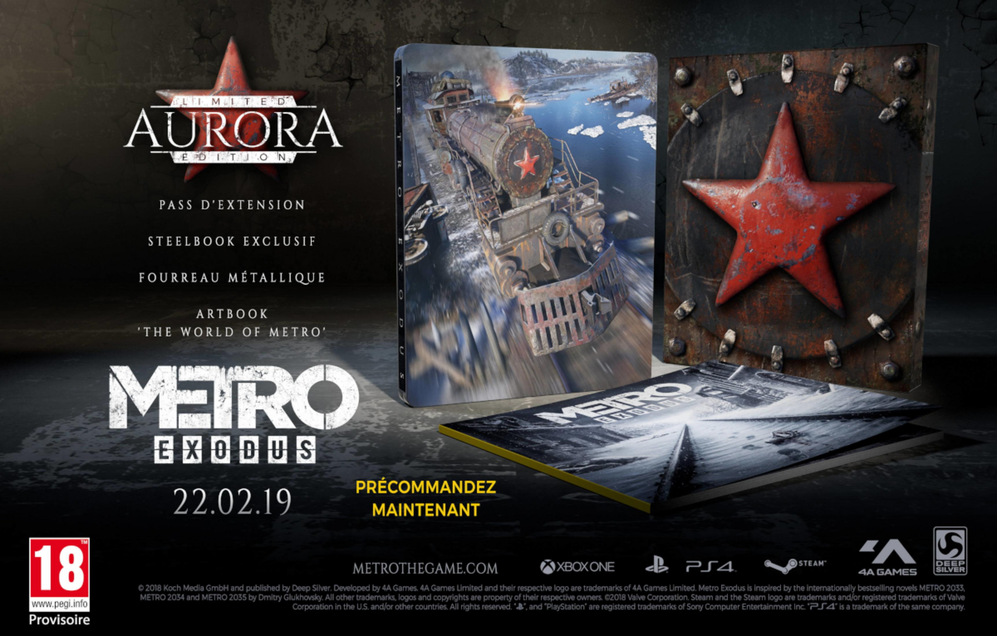 Annuncio Metro Exodus Edizione Aurora con treno, stella e logo.