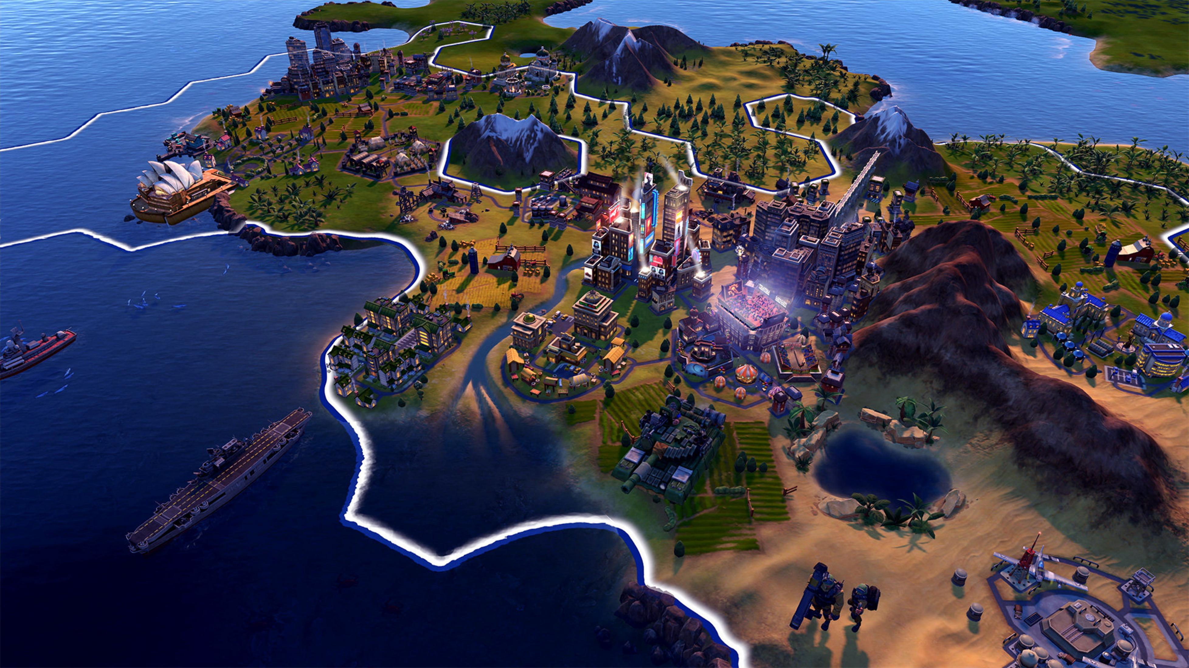 Una città su un'isola con navi e montagne.