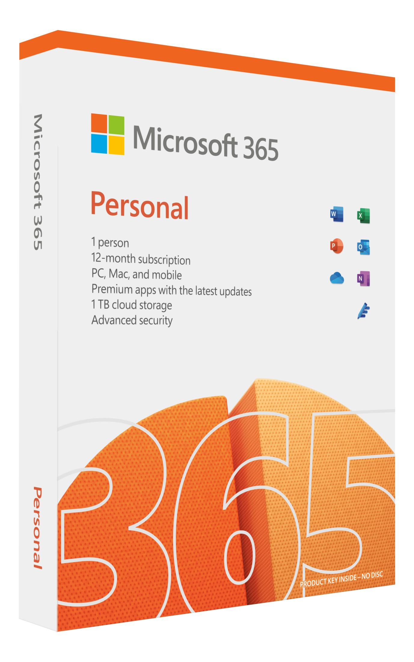 Scatola Microsoft 365 Personal con app e grande grafica 365.