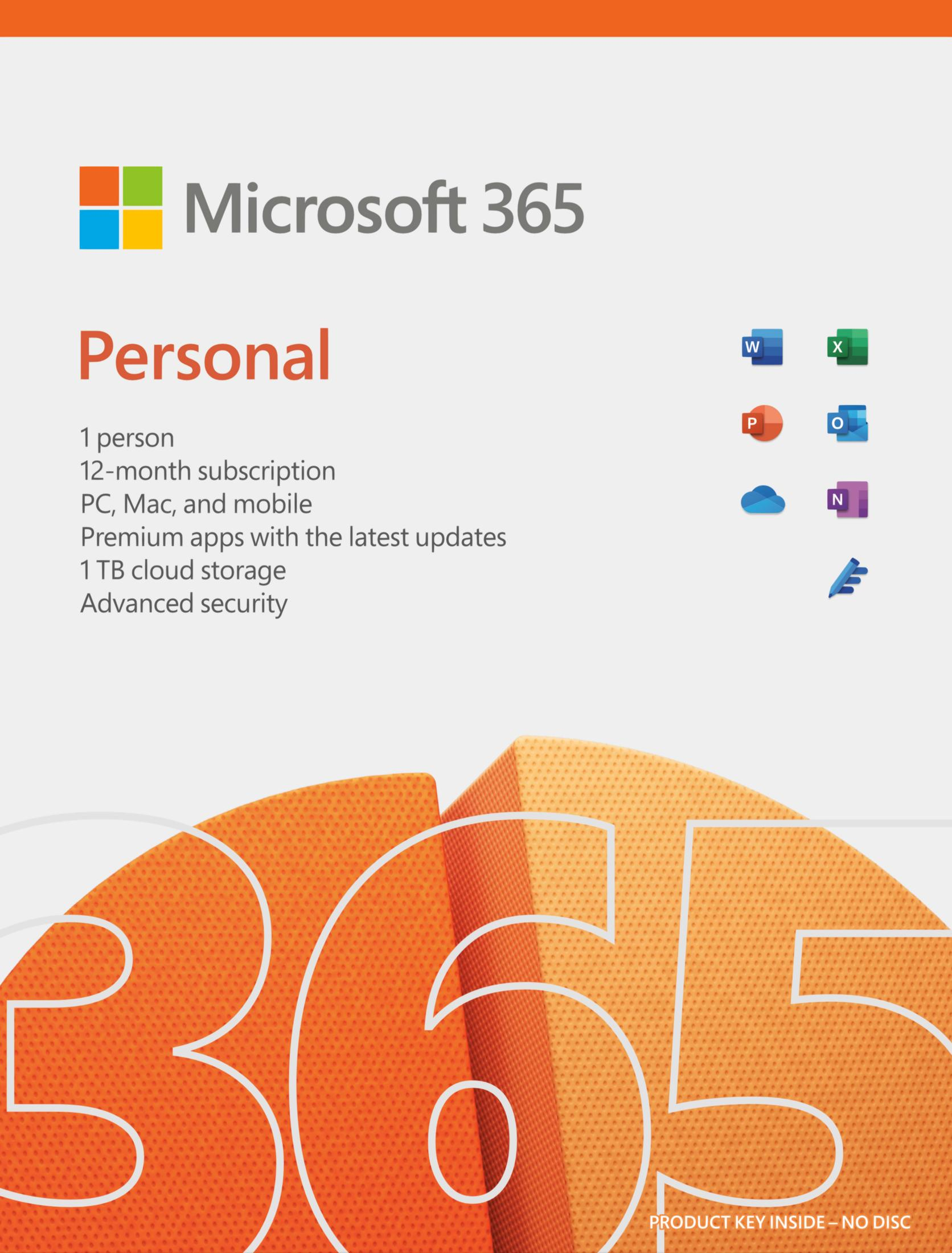 Microsoft 365 Personal: 1 persona, abbonamento 12 mesi, PC/Mac/mobile, cloud 1TB. Icone app.
