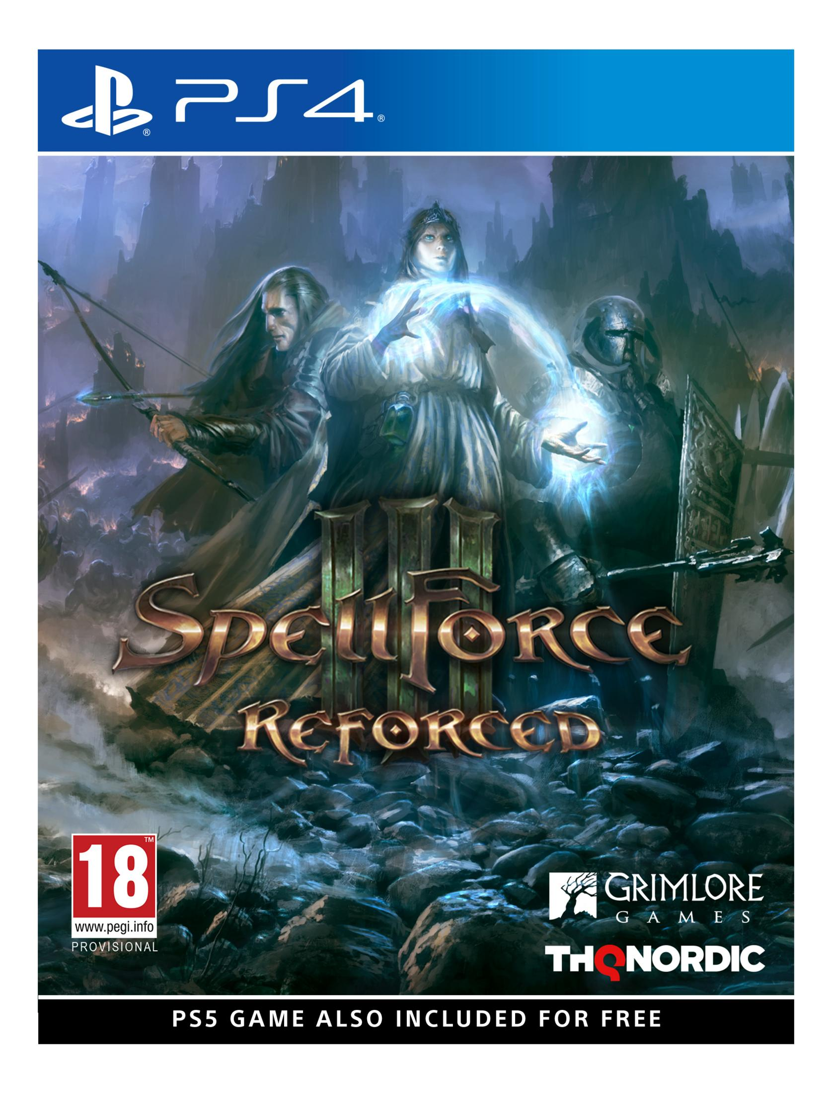 Copertina gioco PS4 con tre personaggi: arciere, maga, cavaliere. Titolo: Spellforce 3