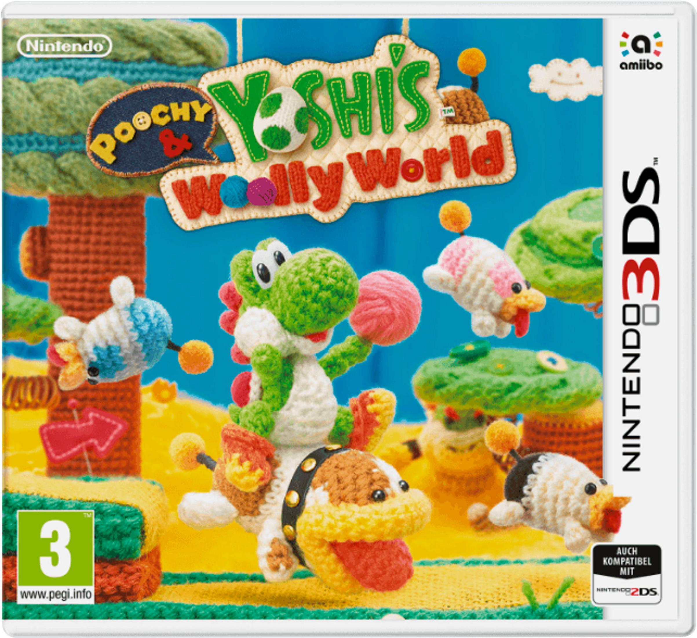 Copertina di Yoshi's Woolly World con personaggi all'uncinetto e logo Nintendo.