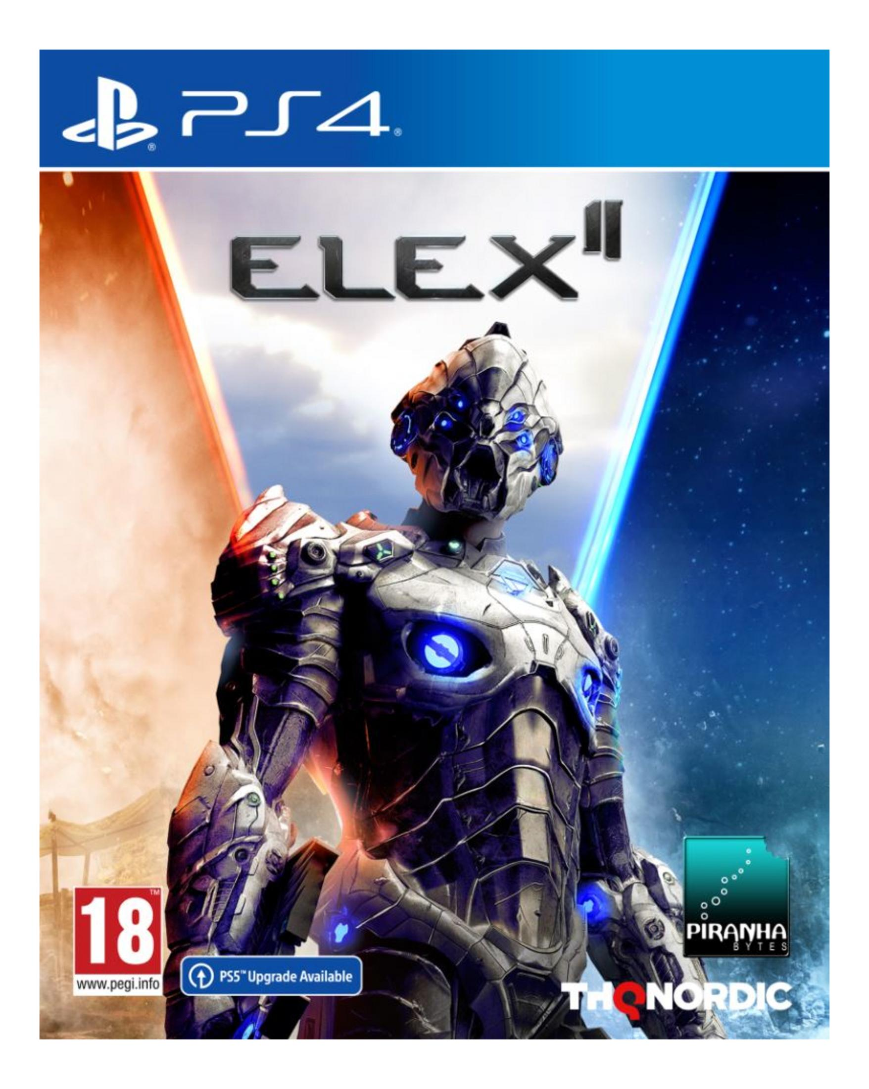 Un ciborg con luces azules en la portada del juego Elex II para PS4.