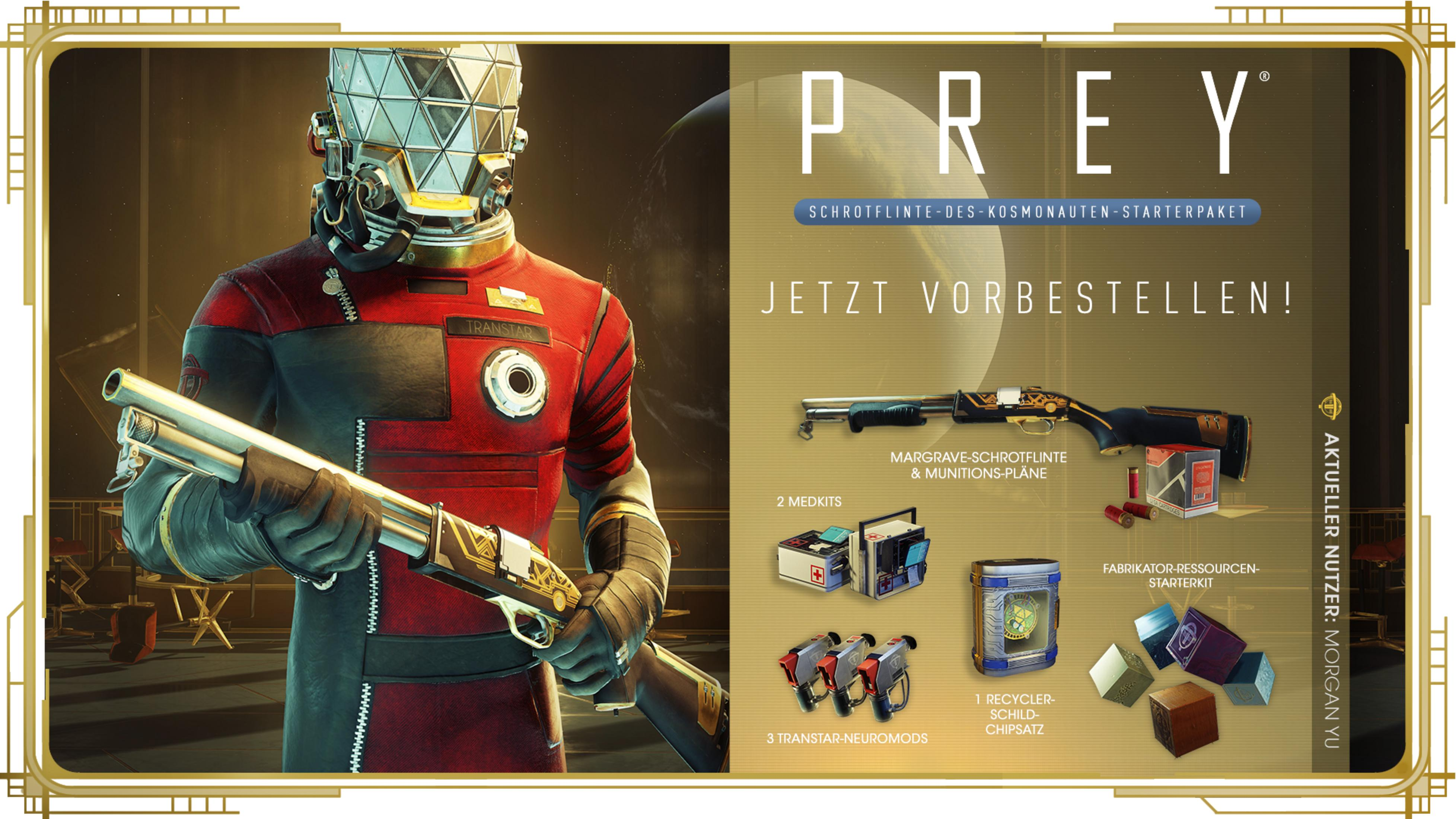 Gracz w czerwonym skafandrze trzymający karabin. Logo gry Prey.