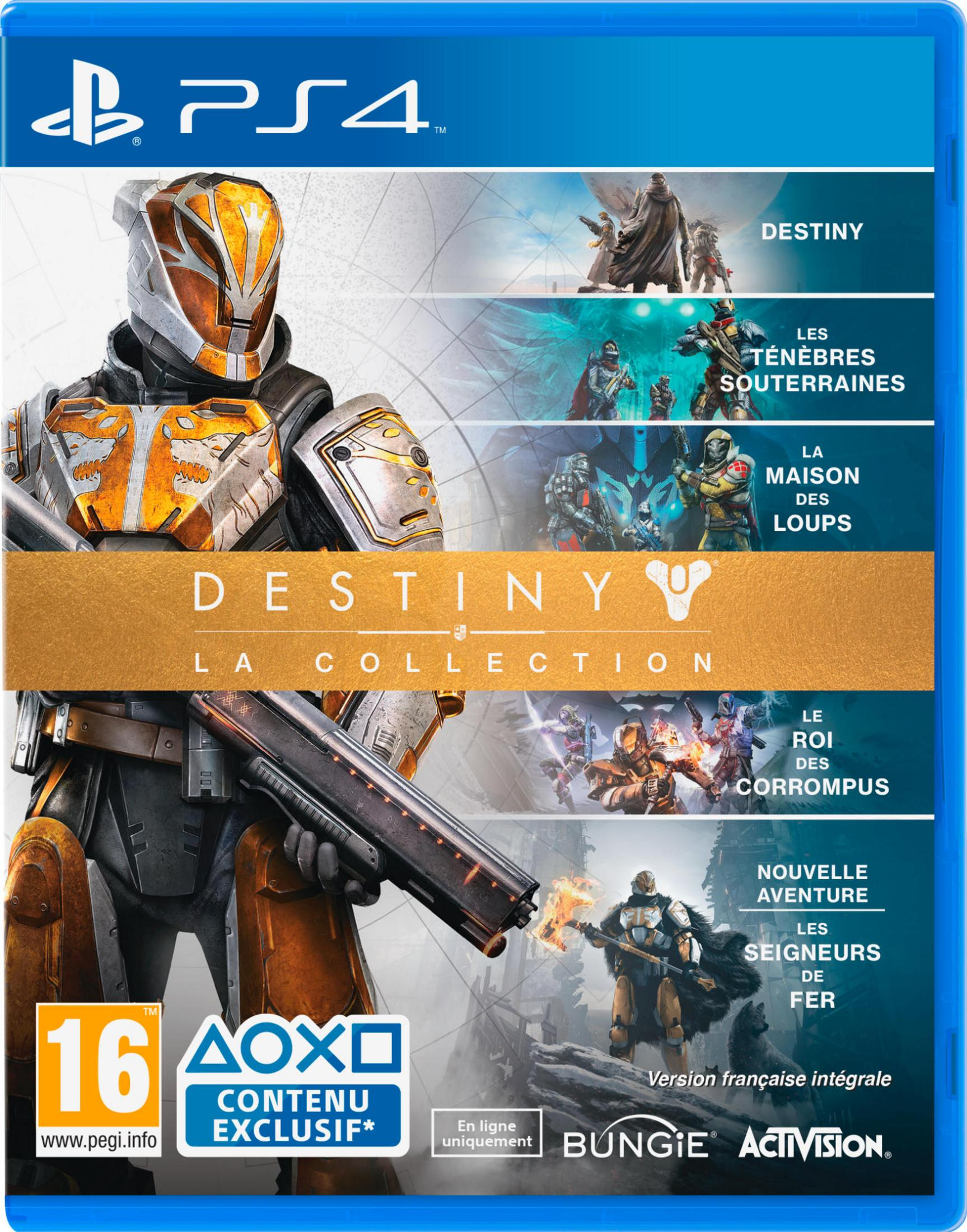 Gioco PS4 'Destiny: La Collection' con personaggi corazzati e scene di gioco.