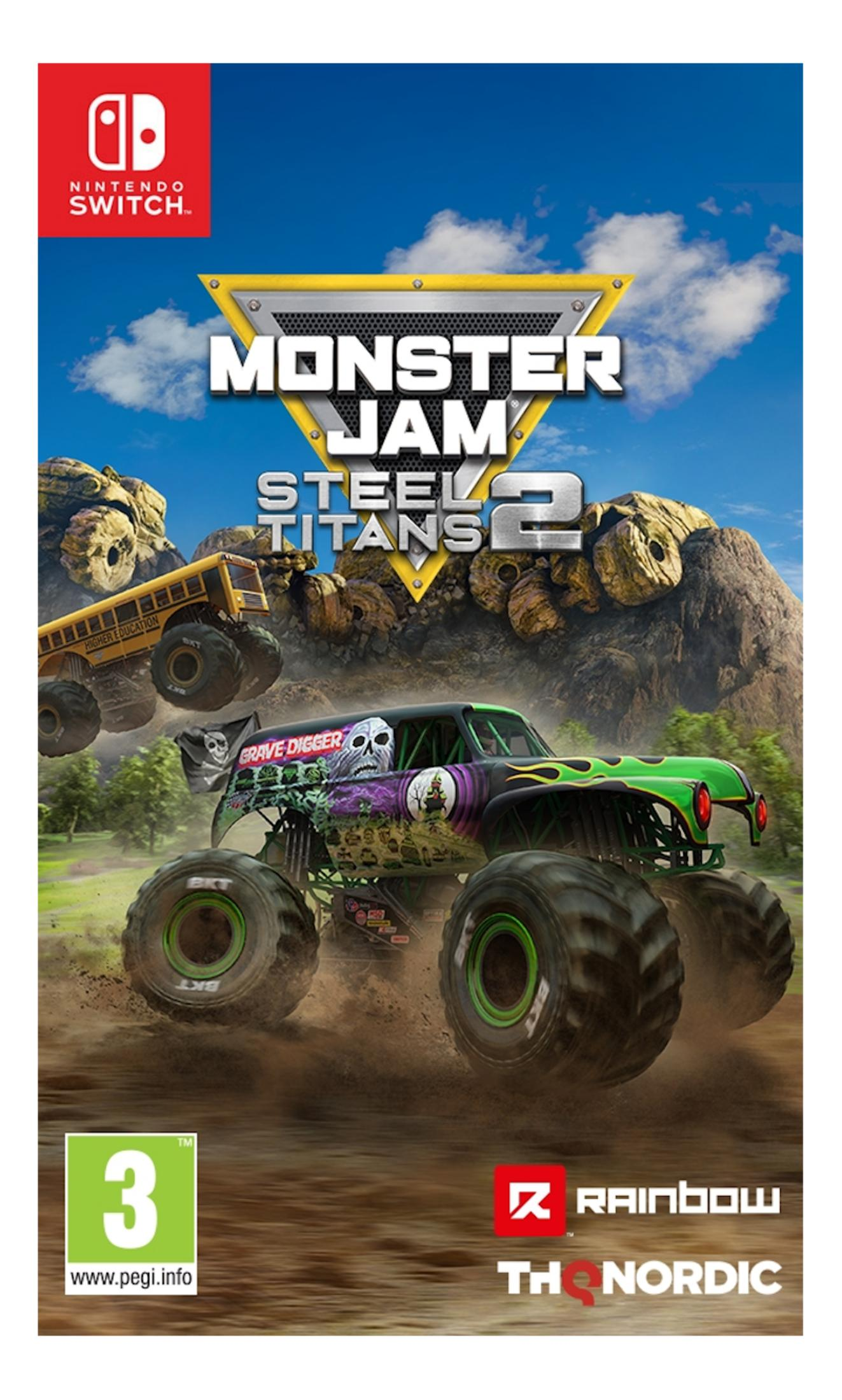 Copertina di Monster Jam Steel Titans 2: Un monster truck sfreccia nel fango, con scuolabus sullo sfondo.