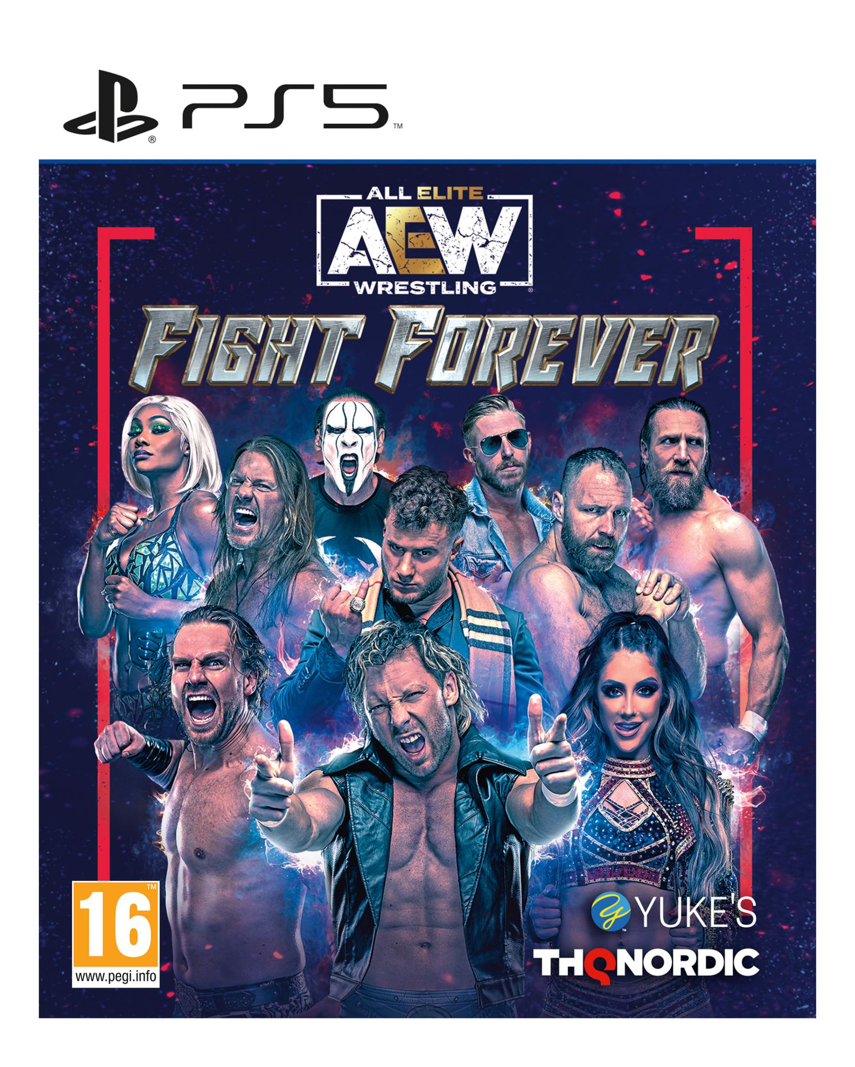 Okładka gry PS5 AEW Fight Forever z dziewięcioma zapaśnikami i oceną PEGI 16.