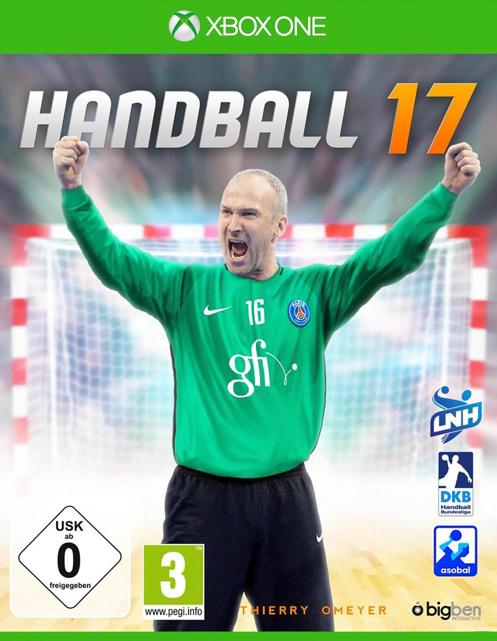 Handball 17 Xbox One Cover. Torwart mit grünen Trikot, jubelnd vor Tor.