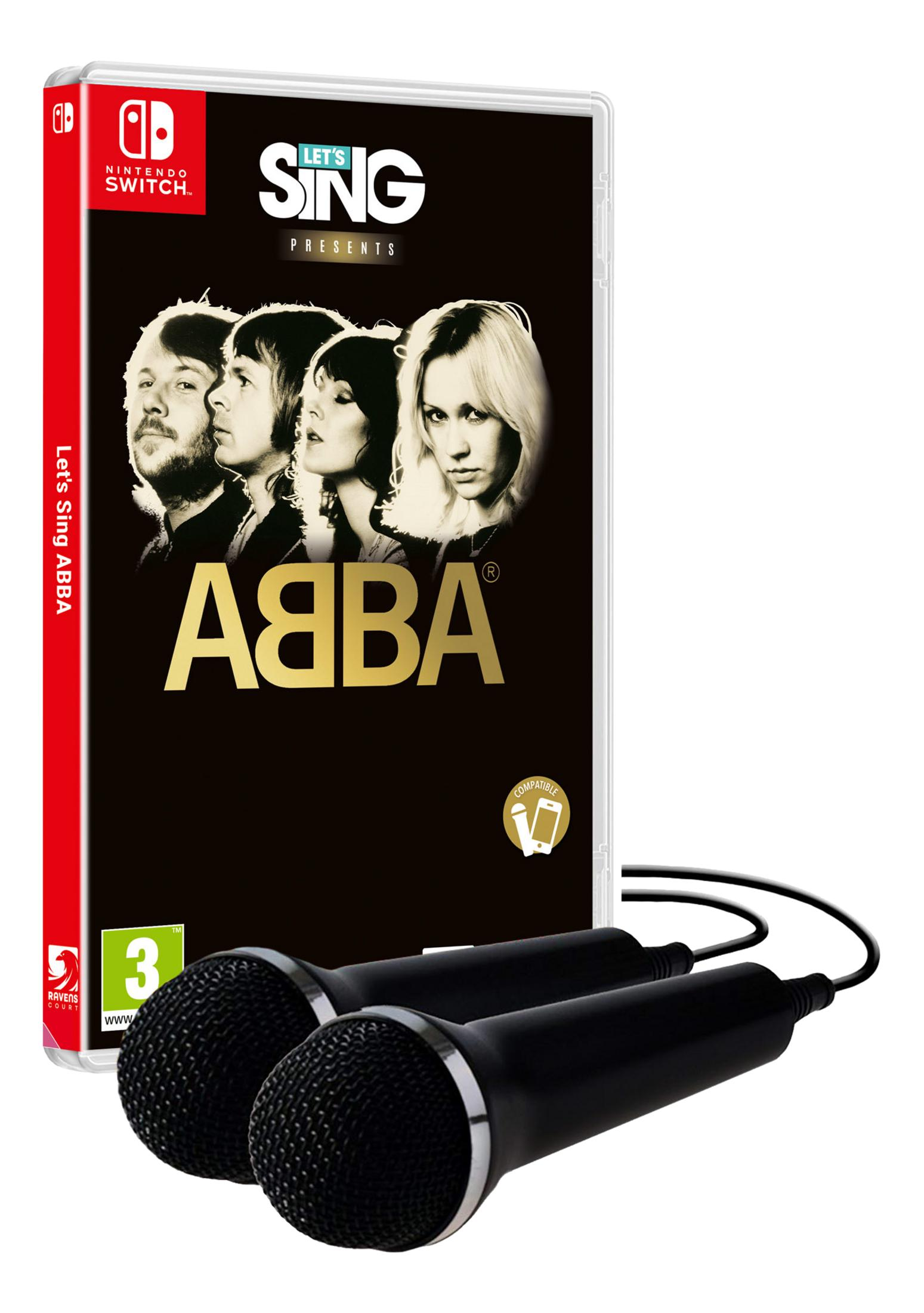 Okładka gry Nintendo Switch 'Let's Sing ABBA' z mikrofonami.