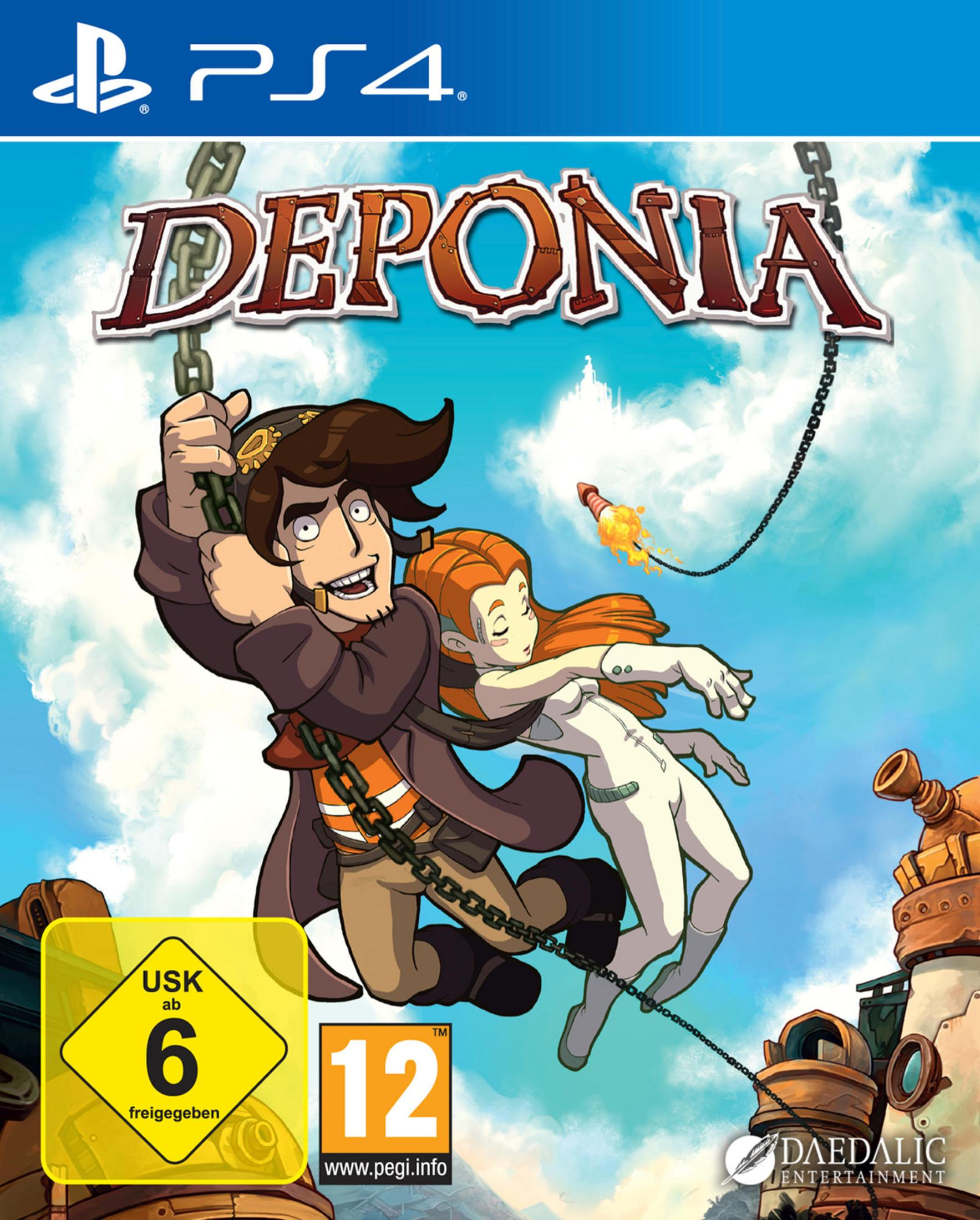 PS4-Spielcover: Mann und Frau hängen an Kette, Rakete fliegt.