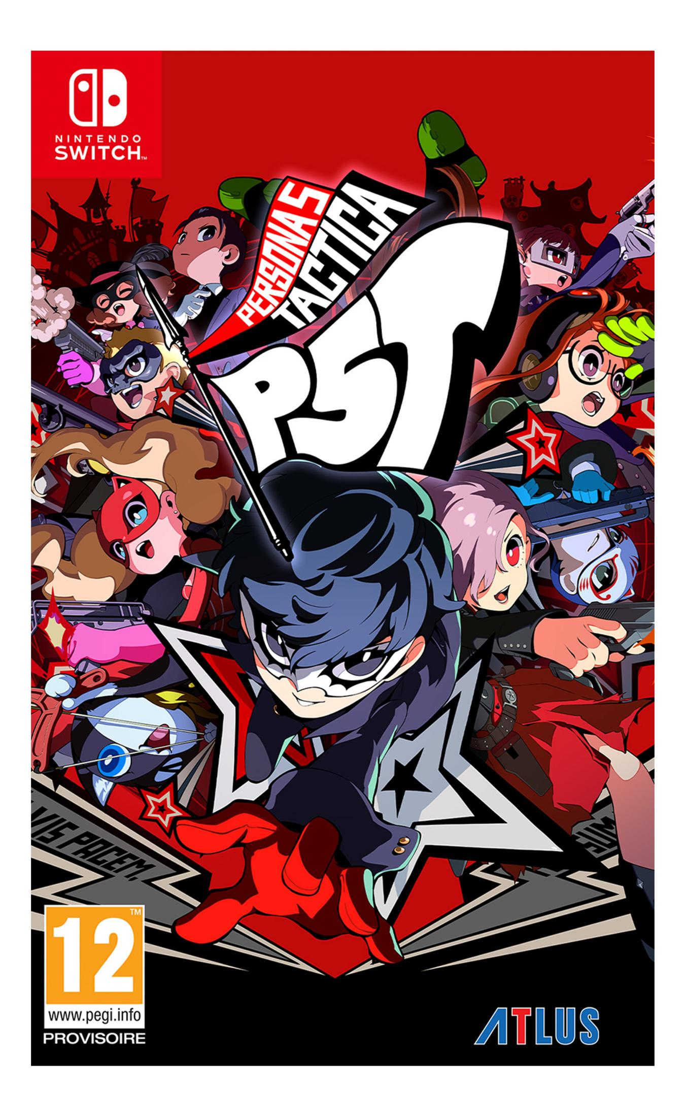 Copertina Persona 5 Tactica: Molti personaggi anime con armi su sfondo rosso.