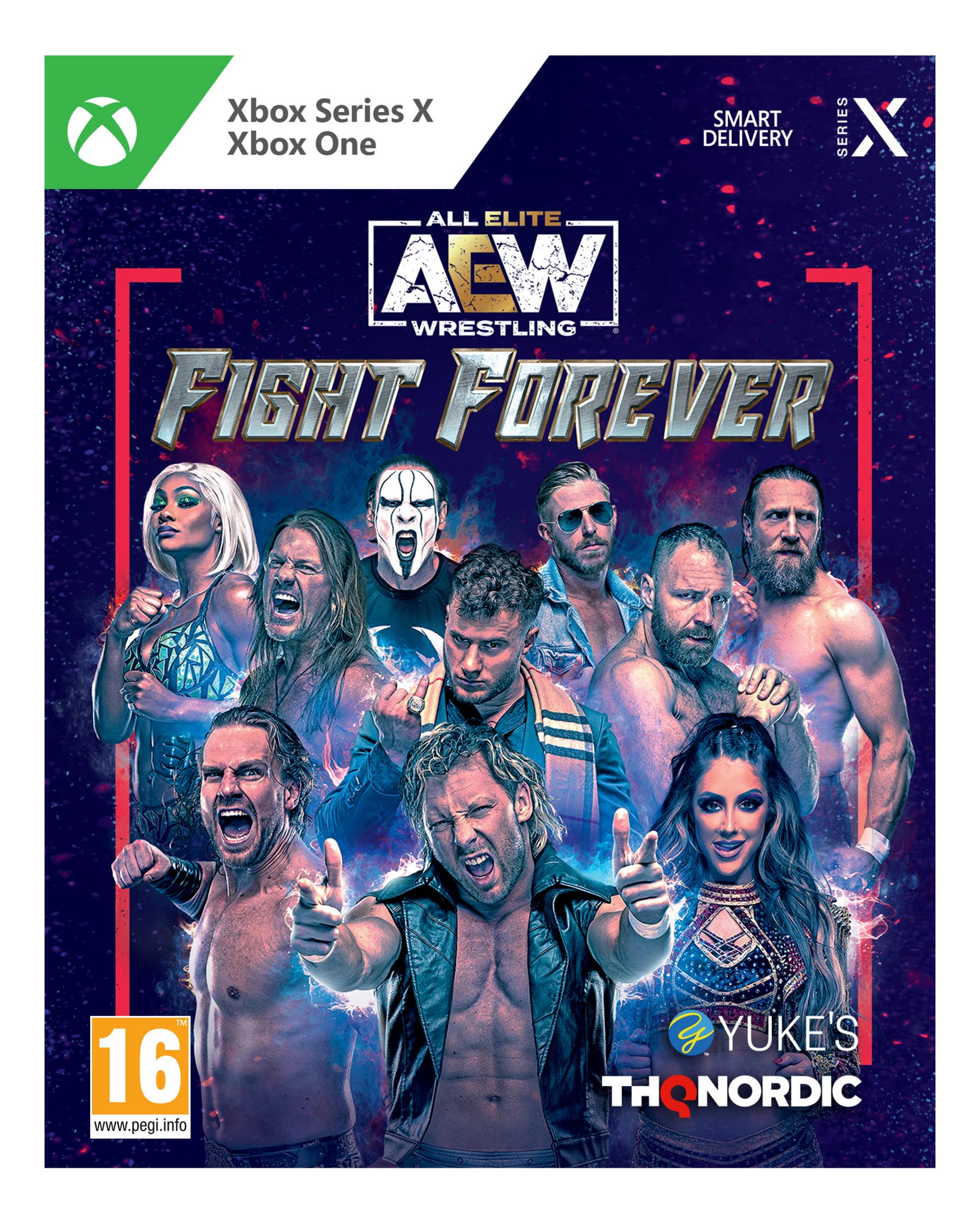 Okładka gry AEW Fight Forever, z wrestlerami na ciemnym, błyszczącym tle.