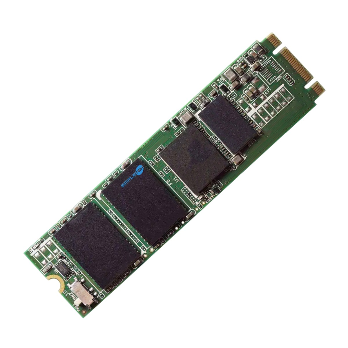 Una scheda a circuito stampato verde con chip di memoria neri e connettori.