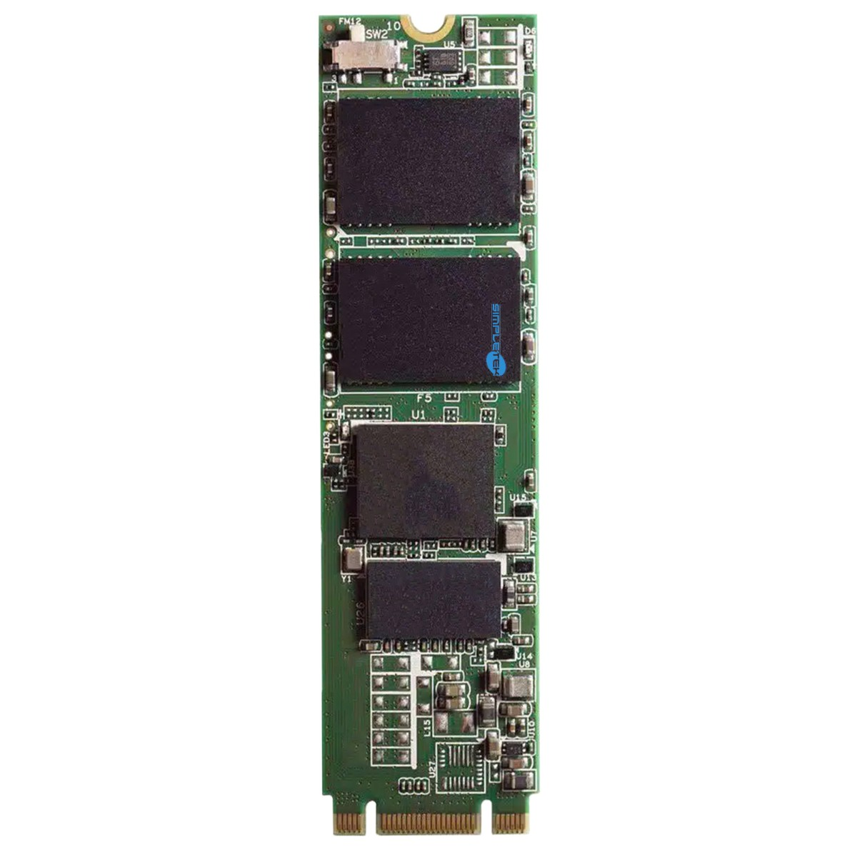 Un PCB verde con quattro chip di memoria neri e contatti argentati in basso.