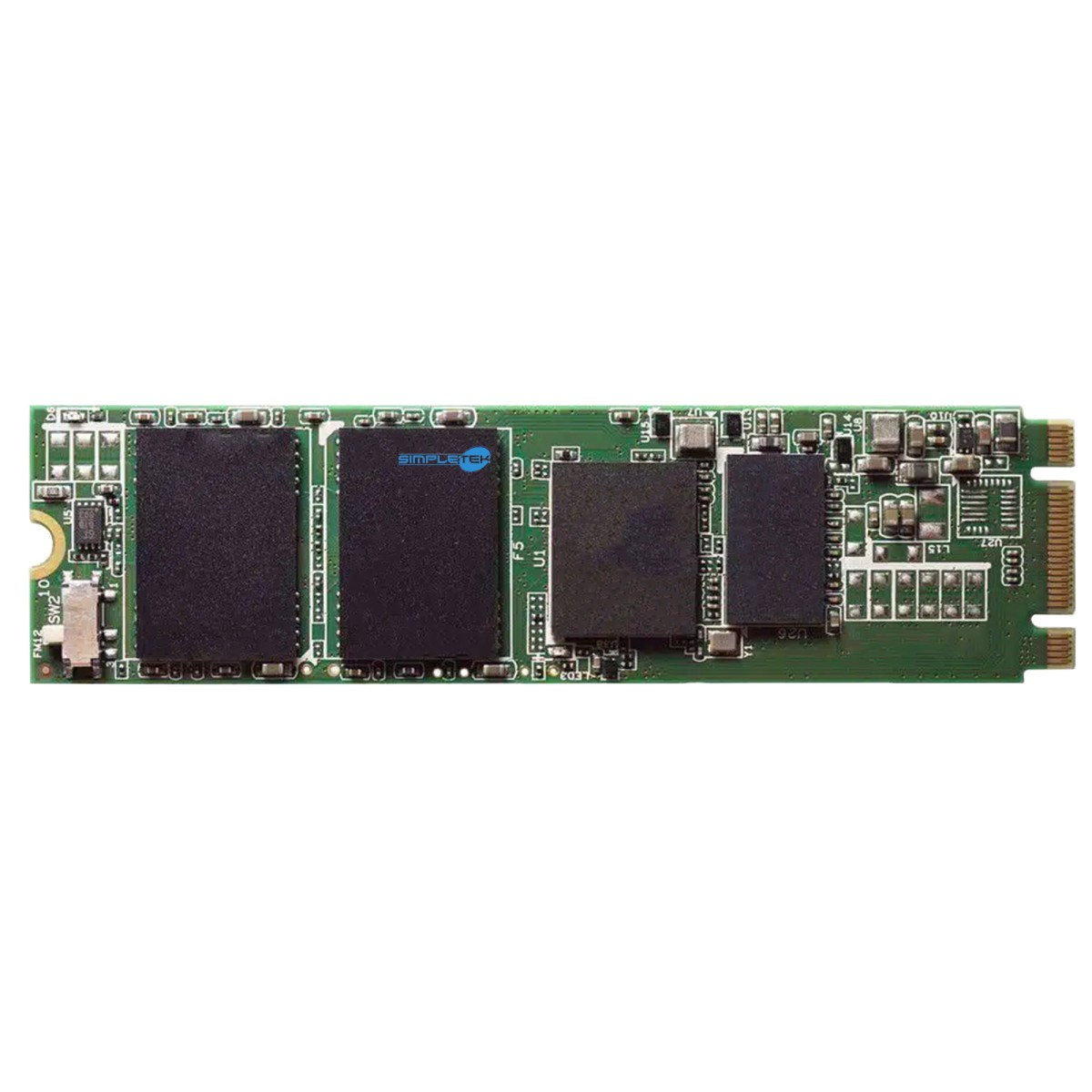 Una scheda di circuito verde con quattro chip neri e connettori dorati.