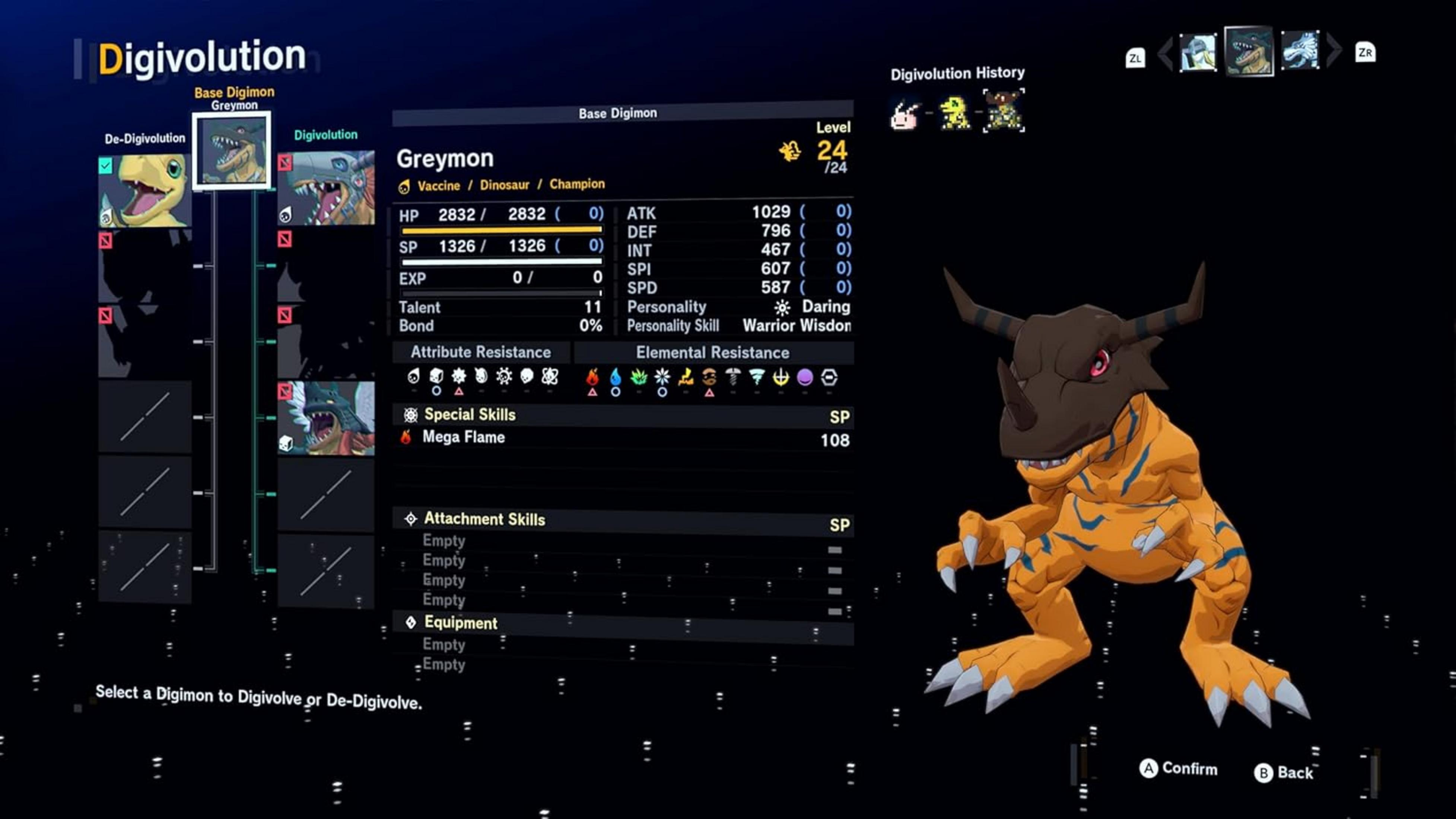 Schermata di Digivolution che mostra le statistiche di Greymon e un modello 3D.