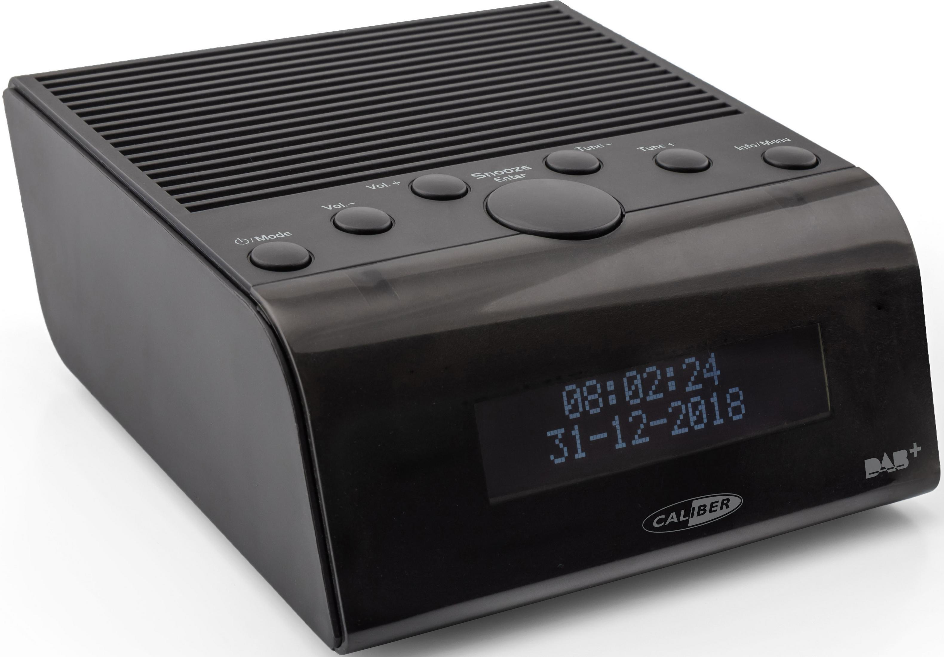 Réveil radio numérique noir avec boutons et écran. Affiche 08:02:24 le 31-12-2018.