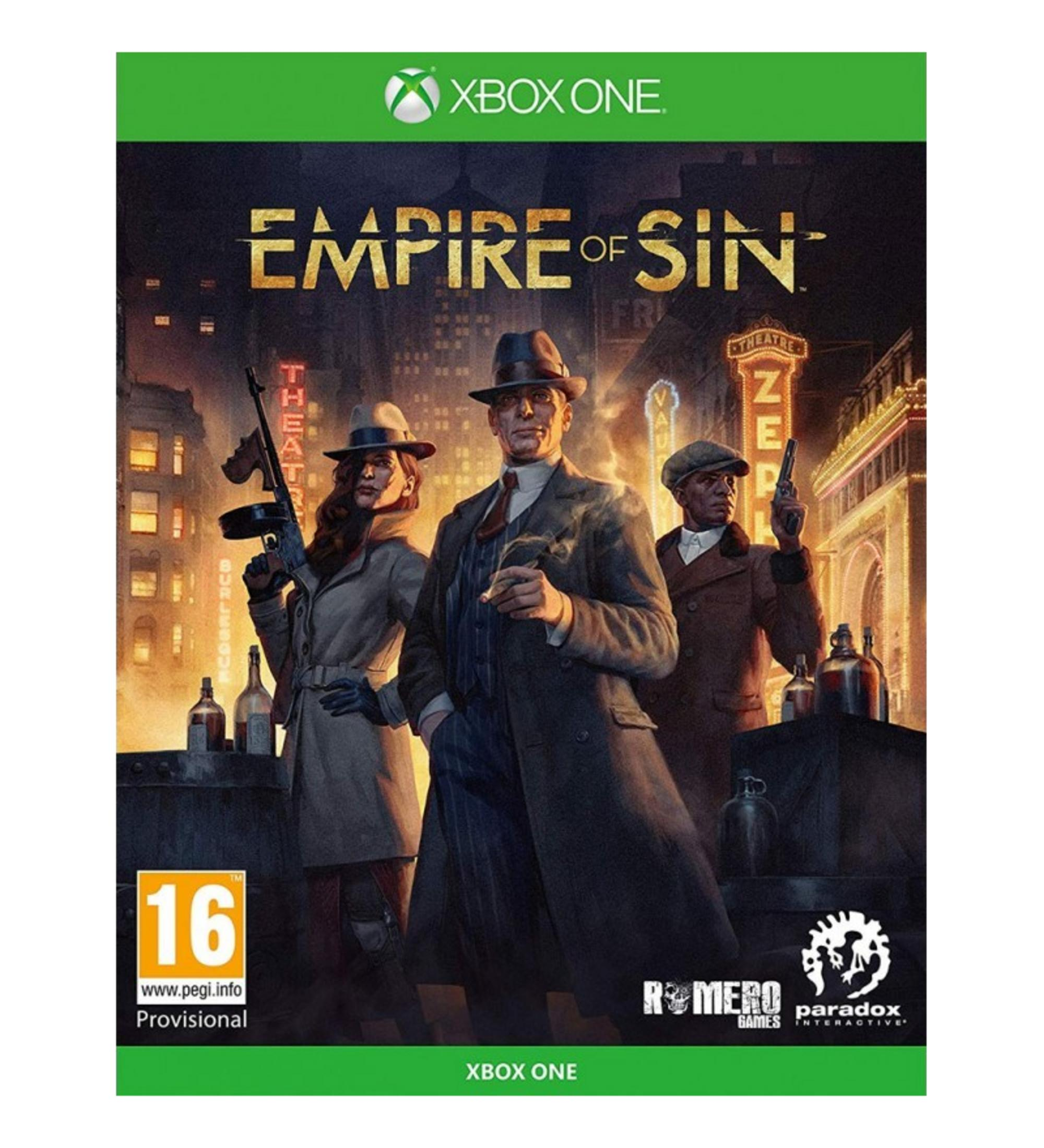 Copertina gioco Xbox One: Empire of Sin. Tre figure in abiti anni '20 stanno in una città di notte.