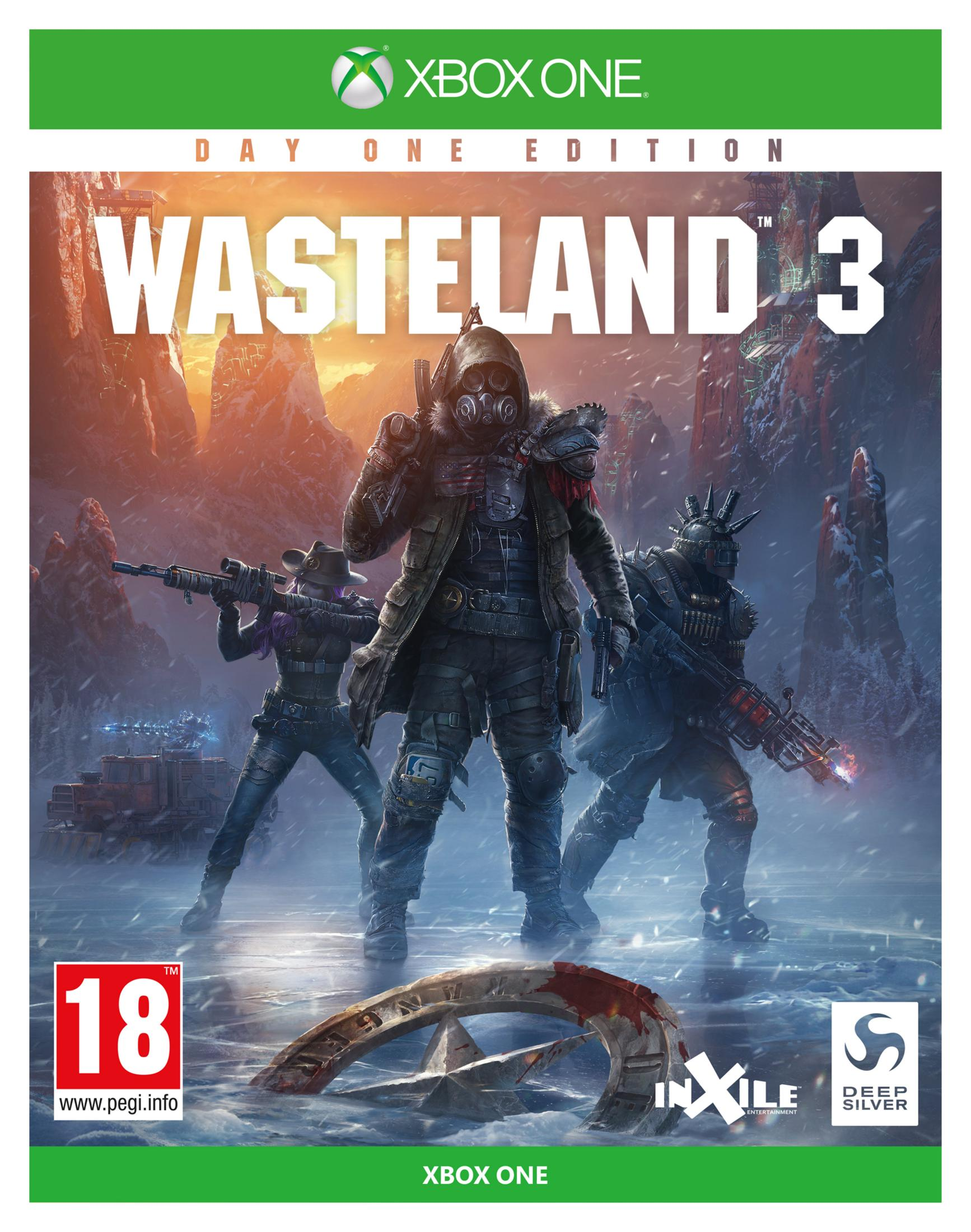 Tre personaggi post-apocalittici in un paesaggio ghiacciato. La copertina del gioco.