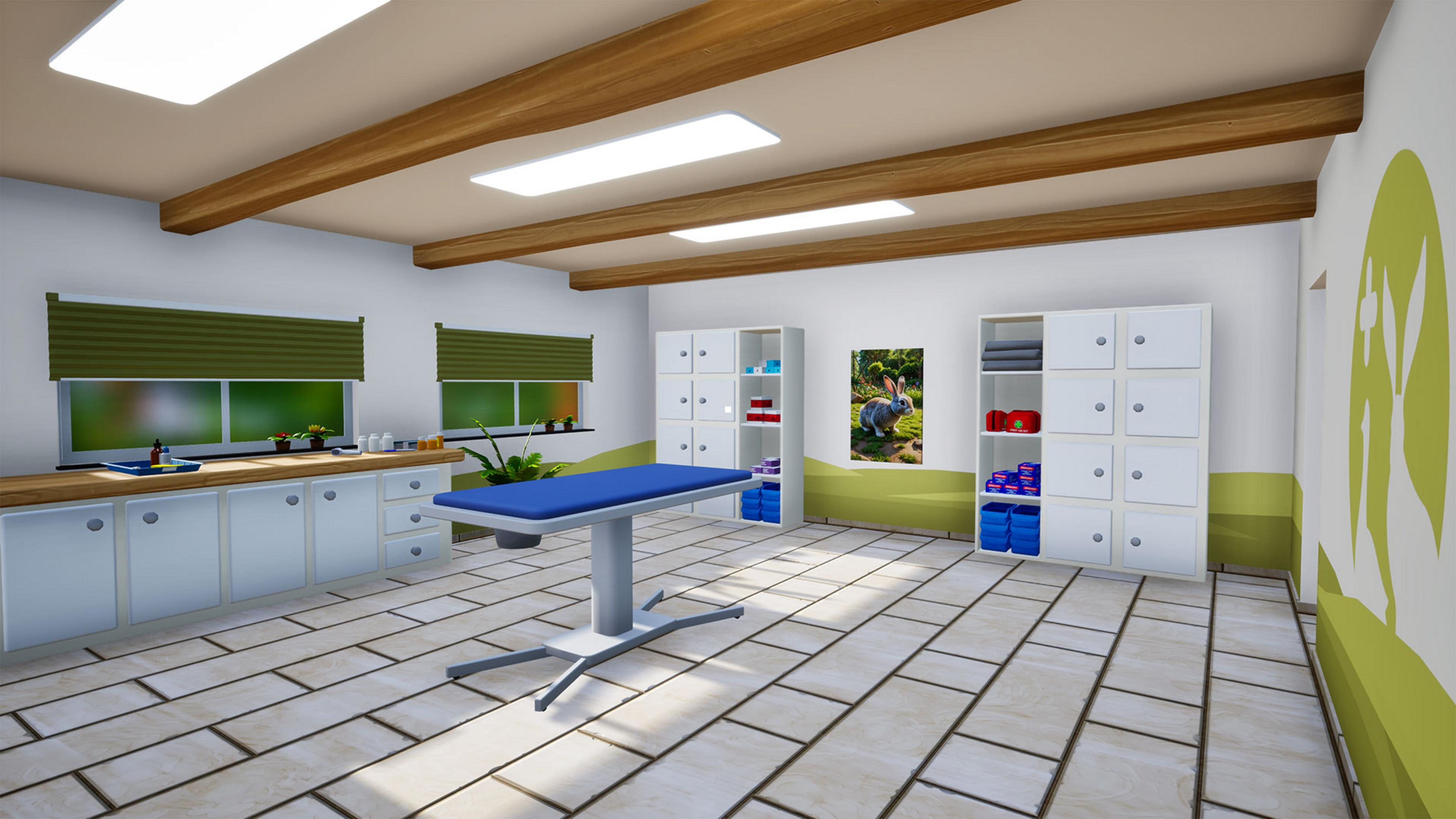 Une salle vétérinaire avec table de soins, armoires et un tableau de lapin.
