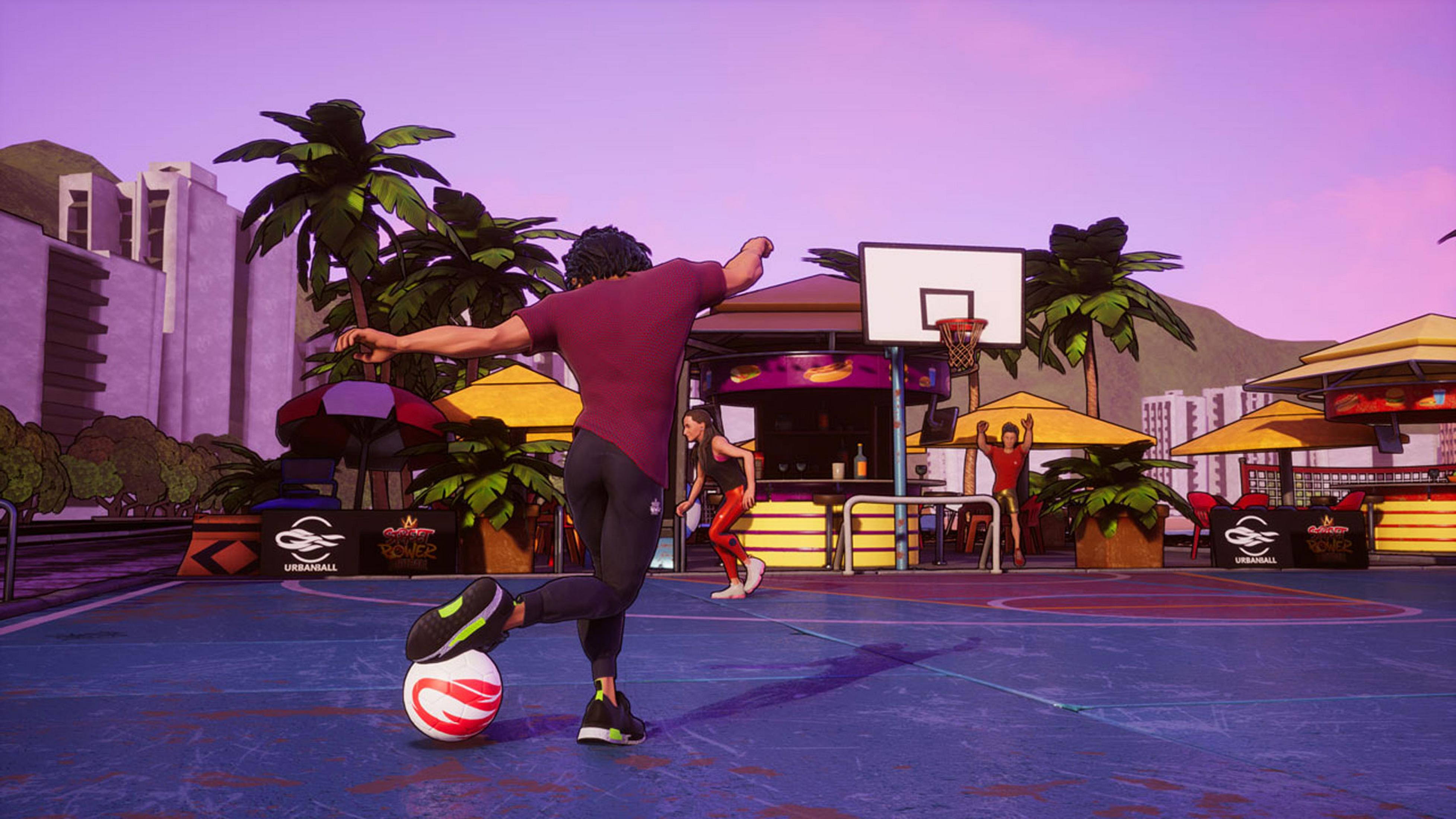 Ein Mann mit einem Ball auf einem Basketballplatz mit Palmen und Gebäuden im Hintergrund.