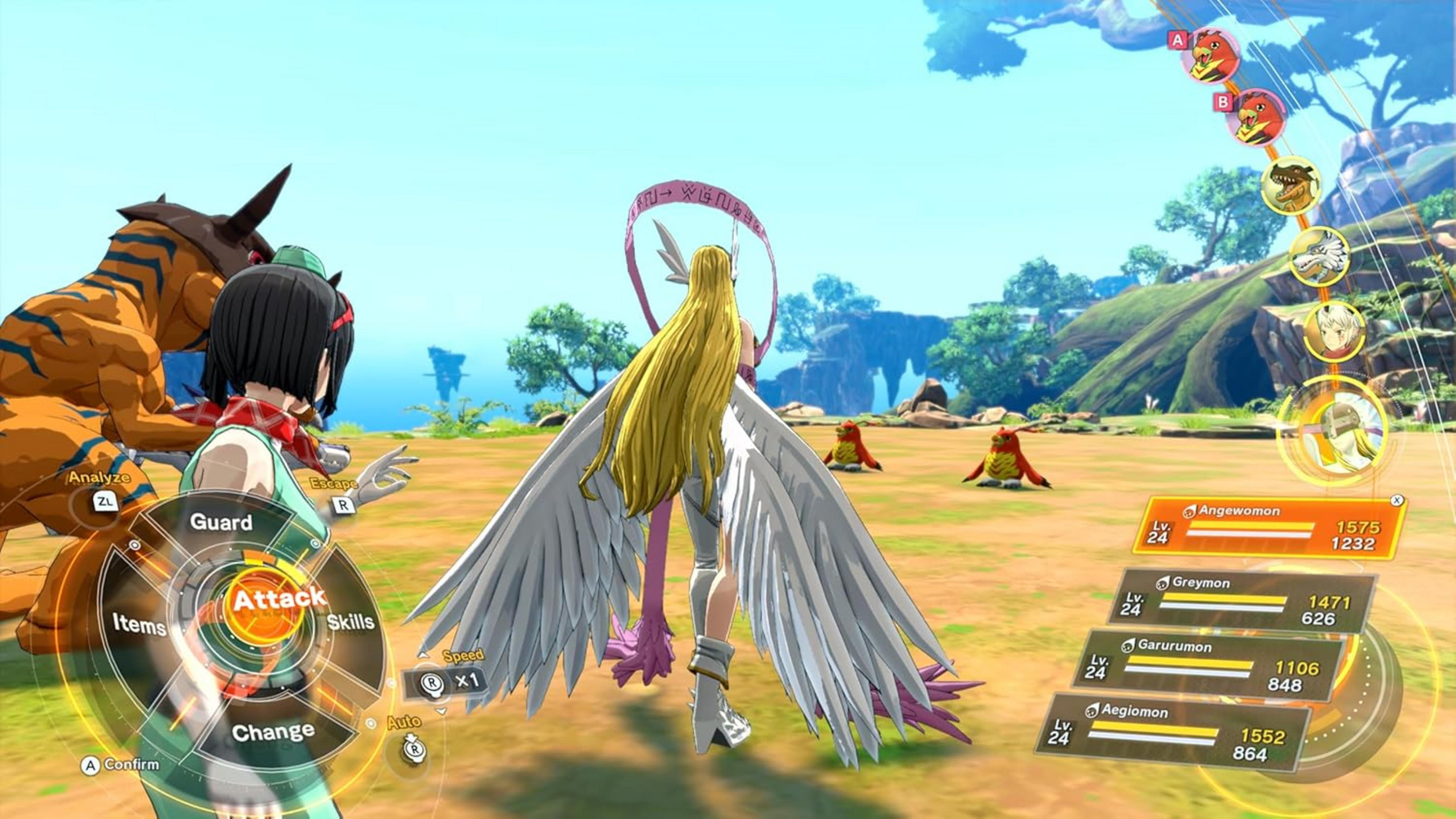Scena di gioco di battaglia con tre Digimon e una figura umana in primo piano.