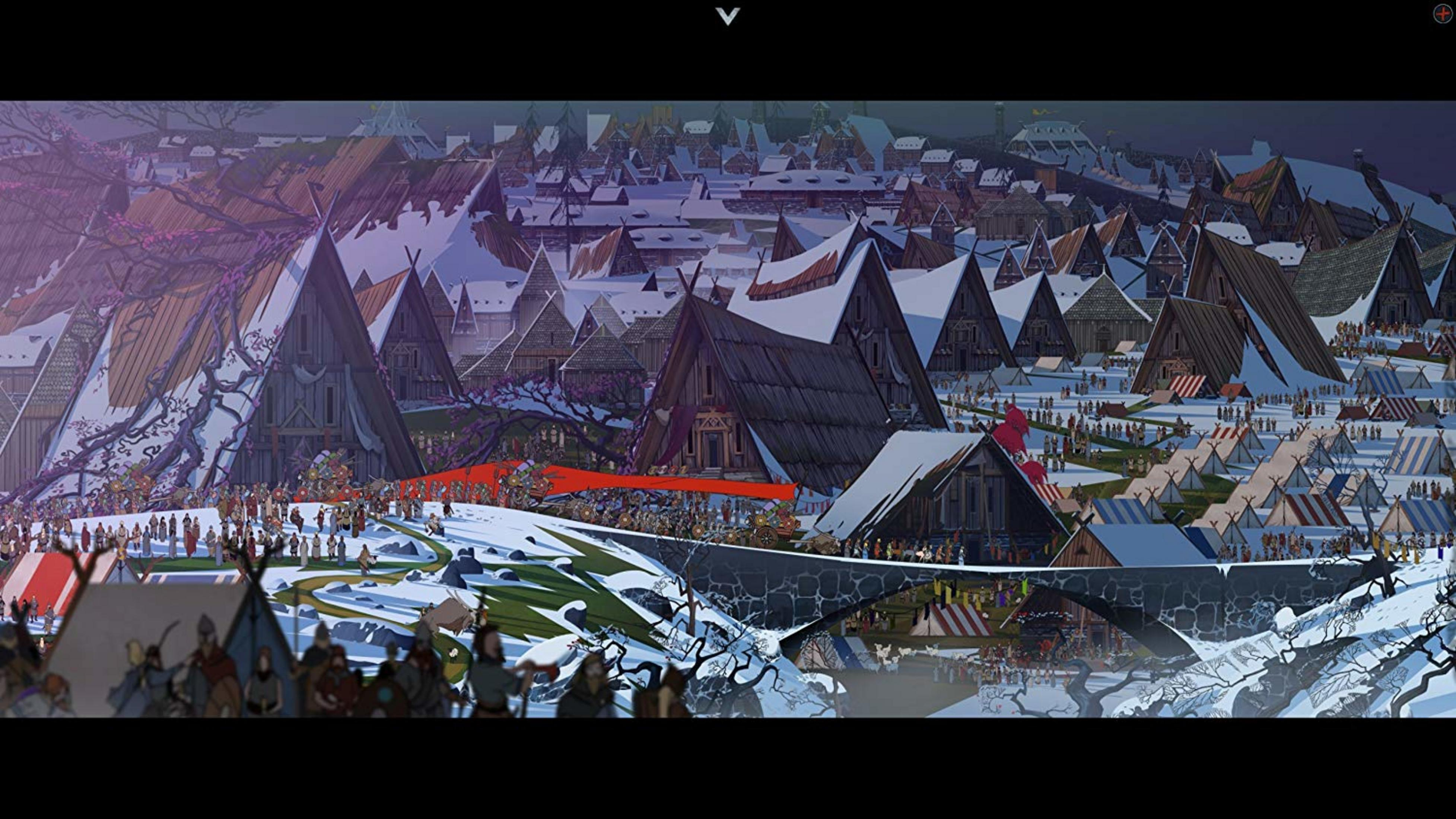Eine verschneite Siedlung mit vielen Holzhäusern und Zelten.