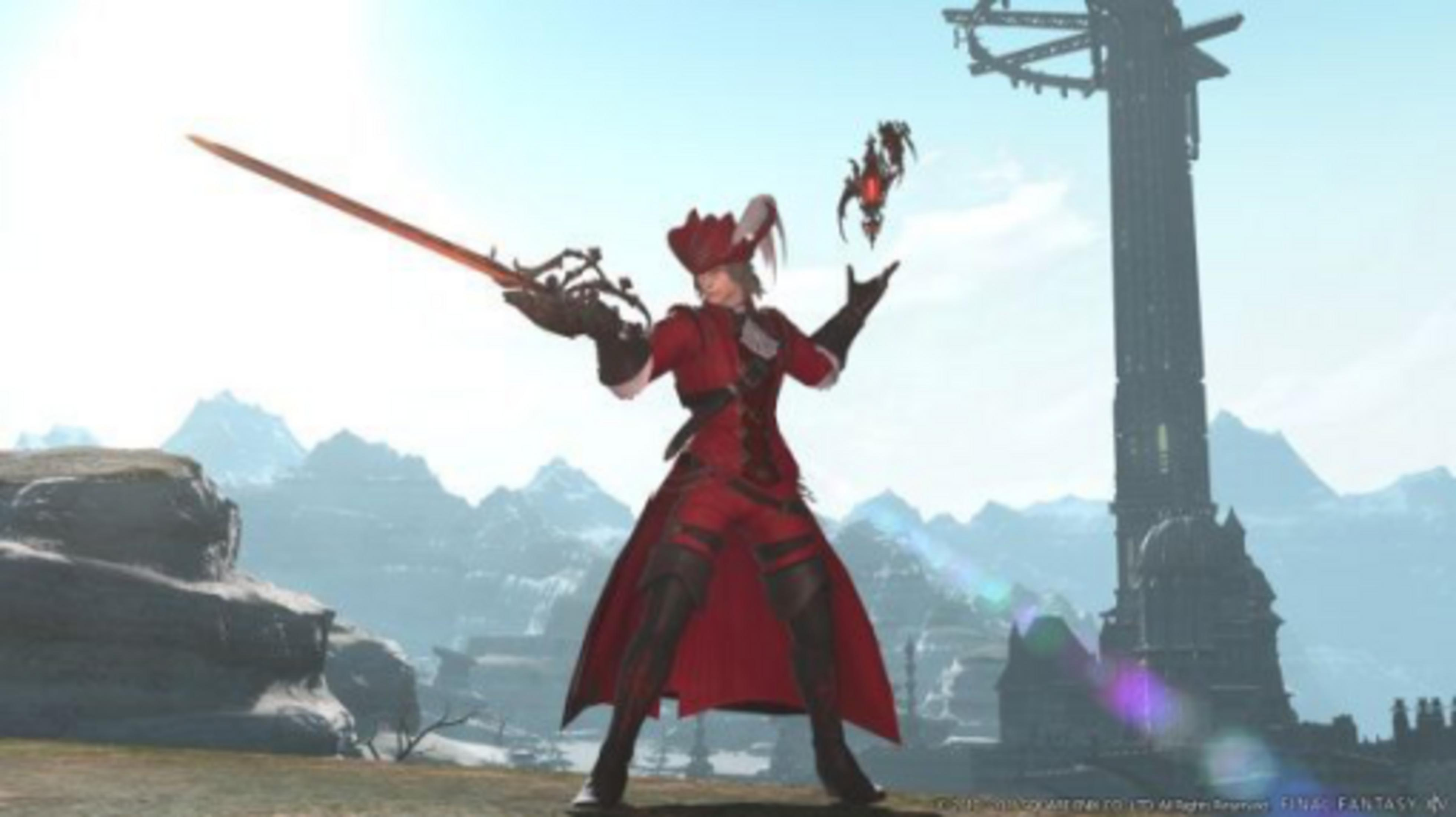 Una figura con ropa roja, sombrero y espada se alza ante montañas.